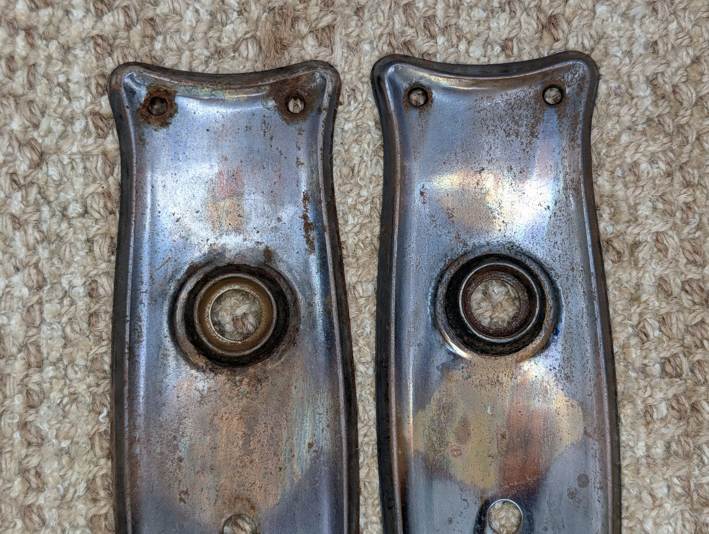 Pair 2 1/2" x 7 11/16" Antique Japanned Stamped Steel Door Knob Plates