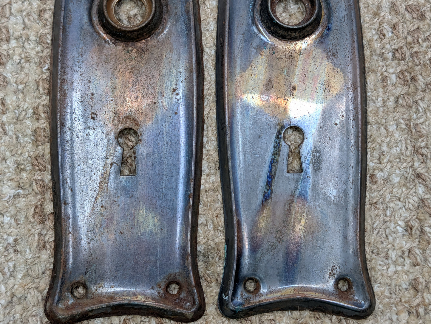 Pair 2 1/2" x 7 11/16" Antique Japanned Stamped Steel Door Knob Plates