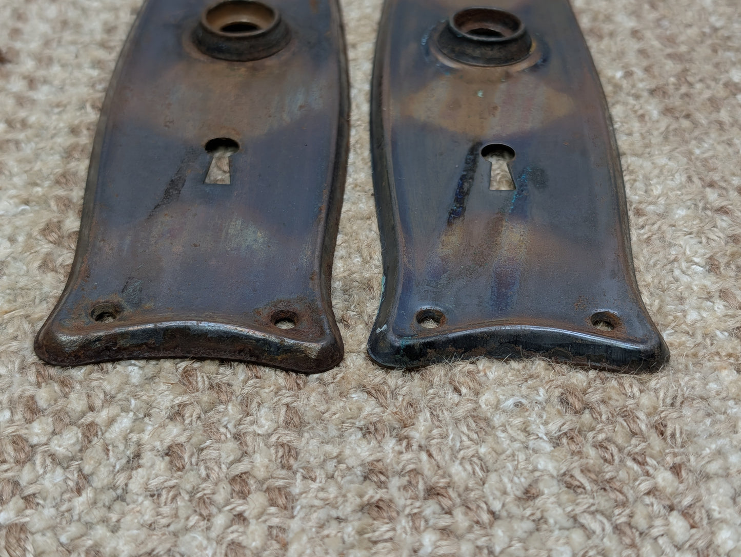 Pair 2 1/2" x 7 11/16" Antique Japanned Stamped Steel Door Knob Plates