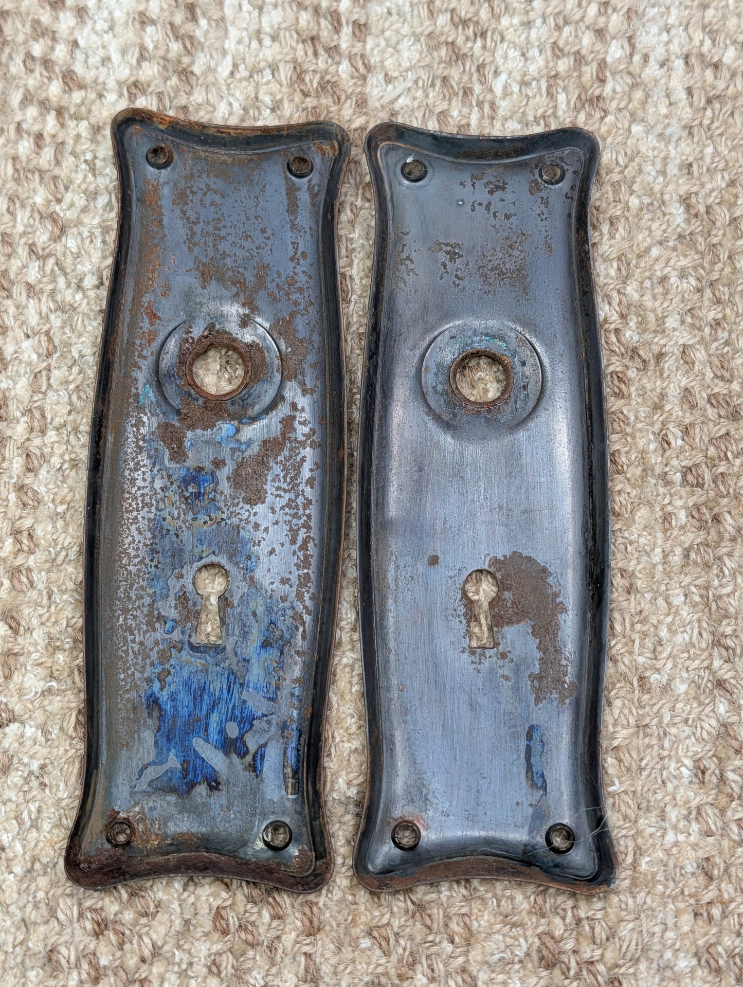 Pair 2 1/2" x 7 11/16" Antique Japanned Stamped Steel Door Knob Plates