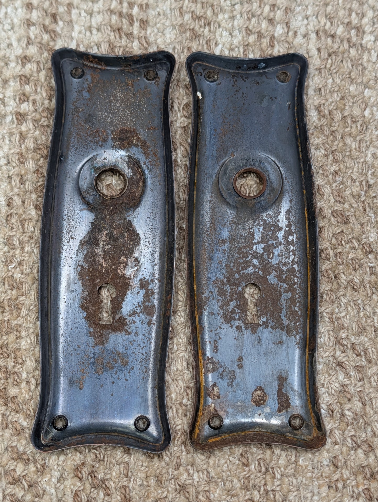 Pair 2 1/2" x 7 11/16" Antique Japanned Stamped Steel Door Knob Plates