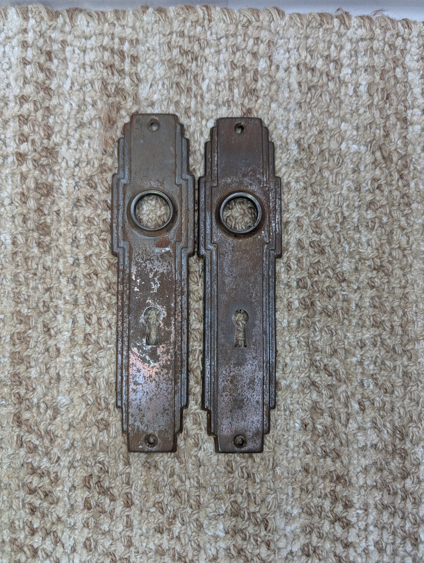 Pair 1 3/4" x 7" Antique Art Deco Stamped Steel Door Knob Plates Circa 1930