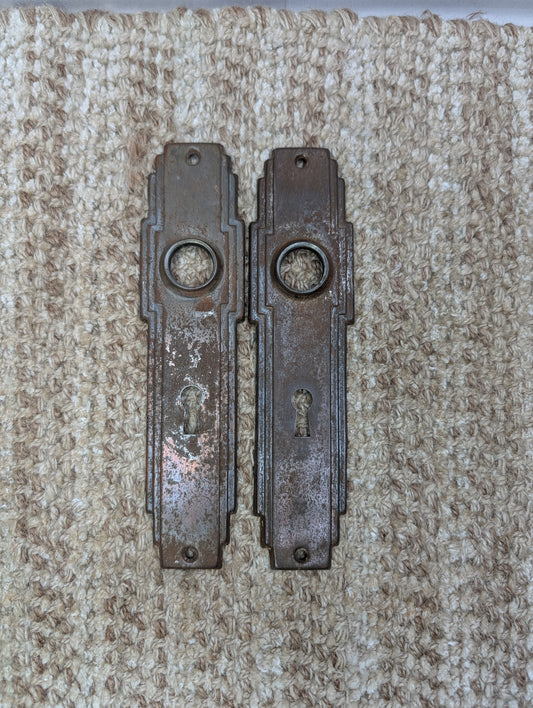 Pair 1 3/4" x 7" Antique Art Deco Stamped Steel Door Knob Plates Circa 1930
