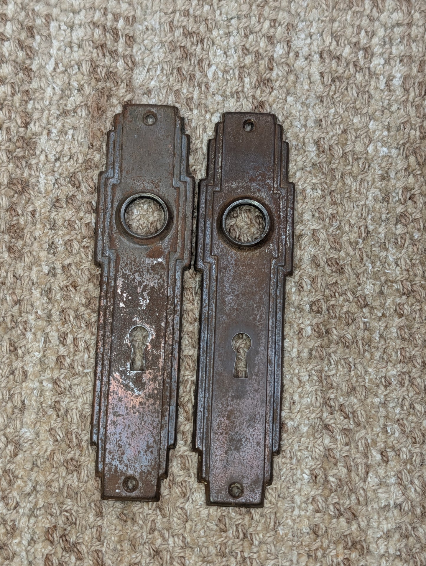 Pair 1 3/4" x 7" Antique Art Deco Stamped Steel Door Knob Plates Circa 1930