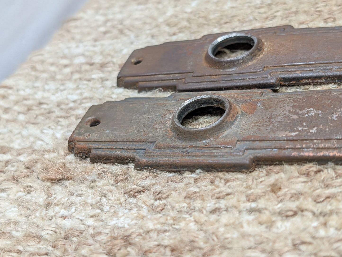 Pair 1 3/4" x 7" Antique Art Deco Stamped Steel Door Knob Plates Circa 1930