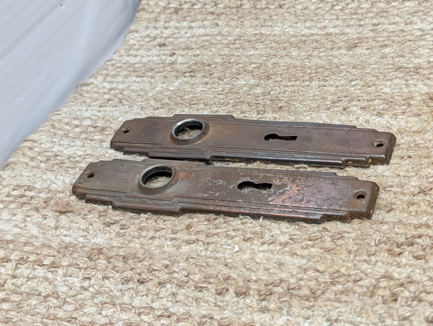 Pair 1 3/4" x 7" Antique Art Deco Stamped Steel Door Knob Plates Circa 1930
