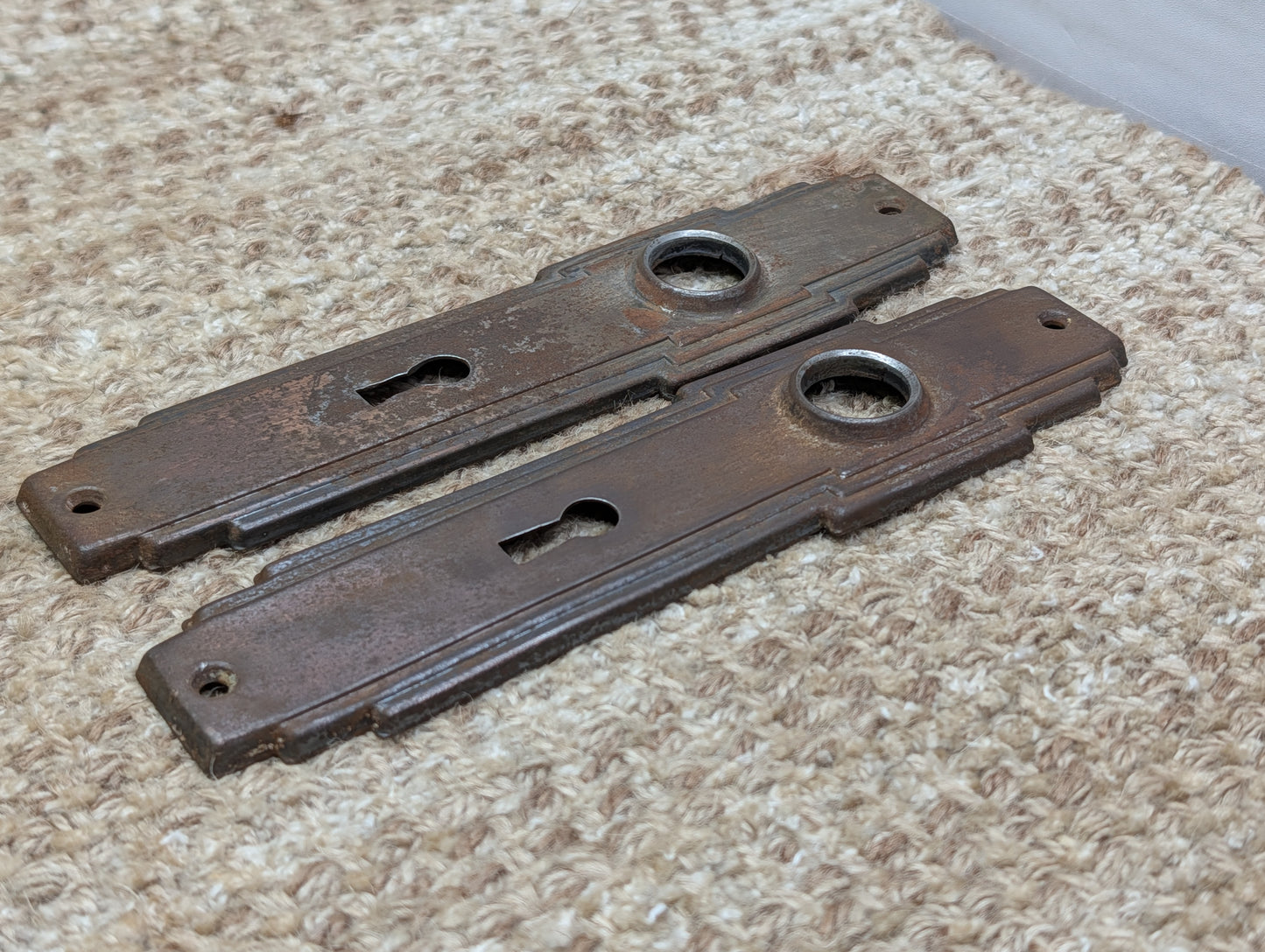 Pair 1 3/4" x 7" Antique Art Deco Stamped Steel Door Knob Plates Circa 1930