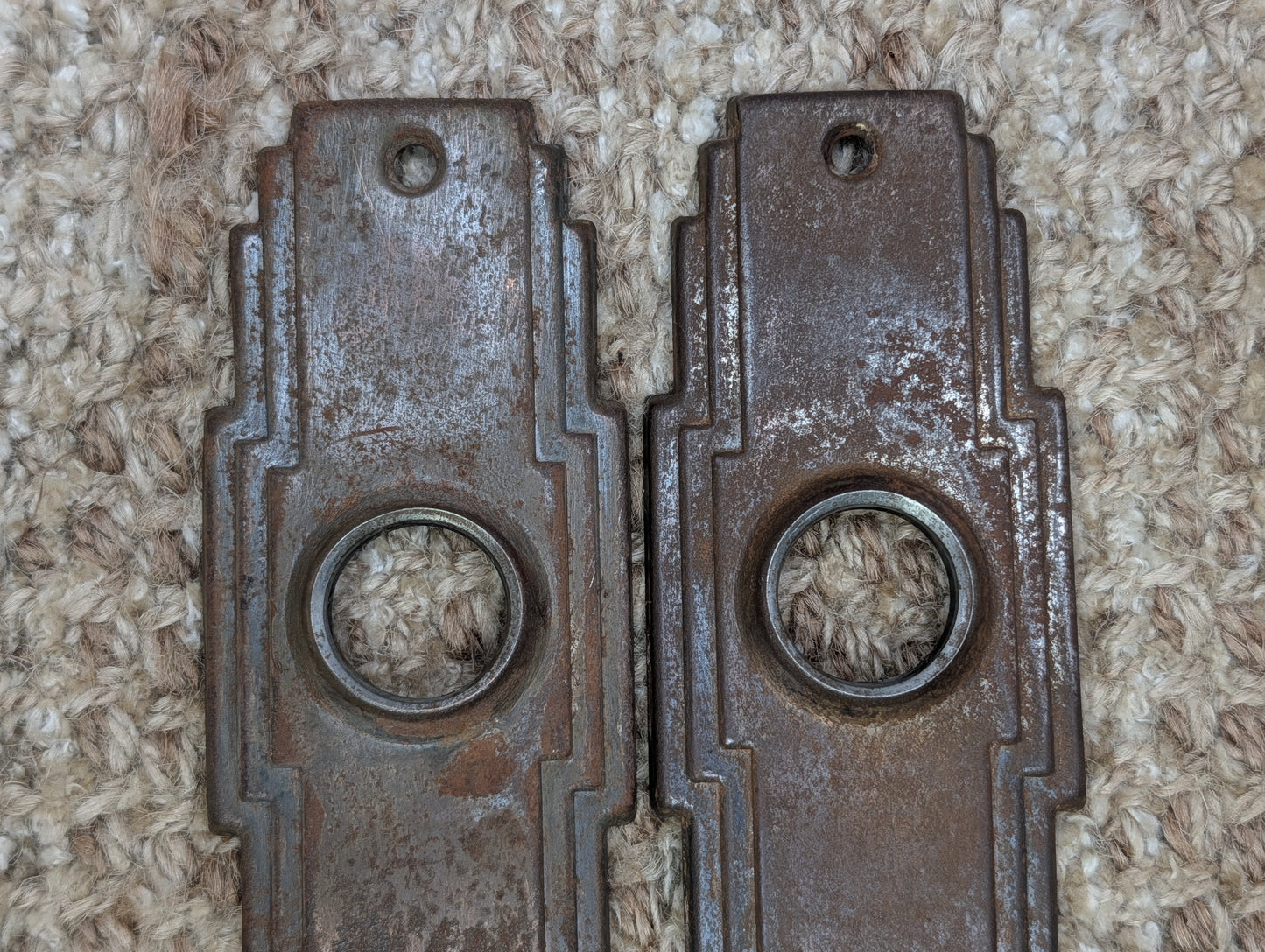 Pair 1 3/4" x 7" Antique Art Deco Stamped Steel Door Knob Plates Circa 1930