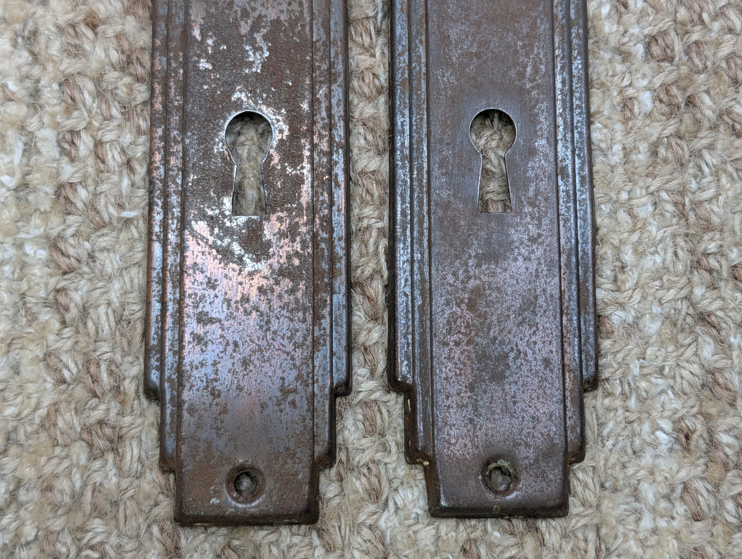 Pair 1 3/4" x 7" Antique Art Deco Stamped Steel Door Knob Plates Circa 1930