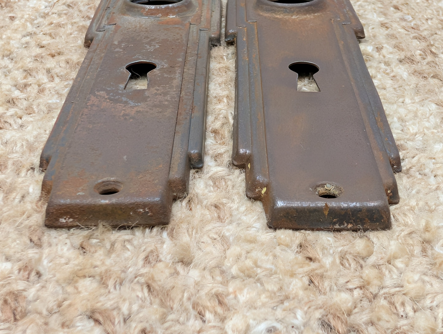 Pair 1 3/4" x 7" Antique Art Deco Stamped Steel Door Knob Plates Circa 1930