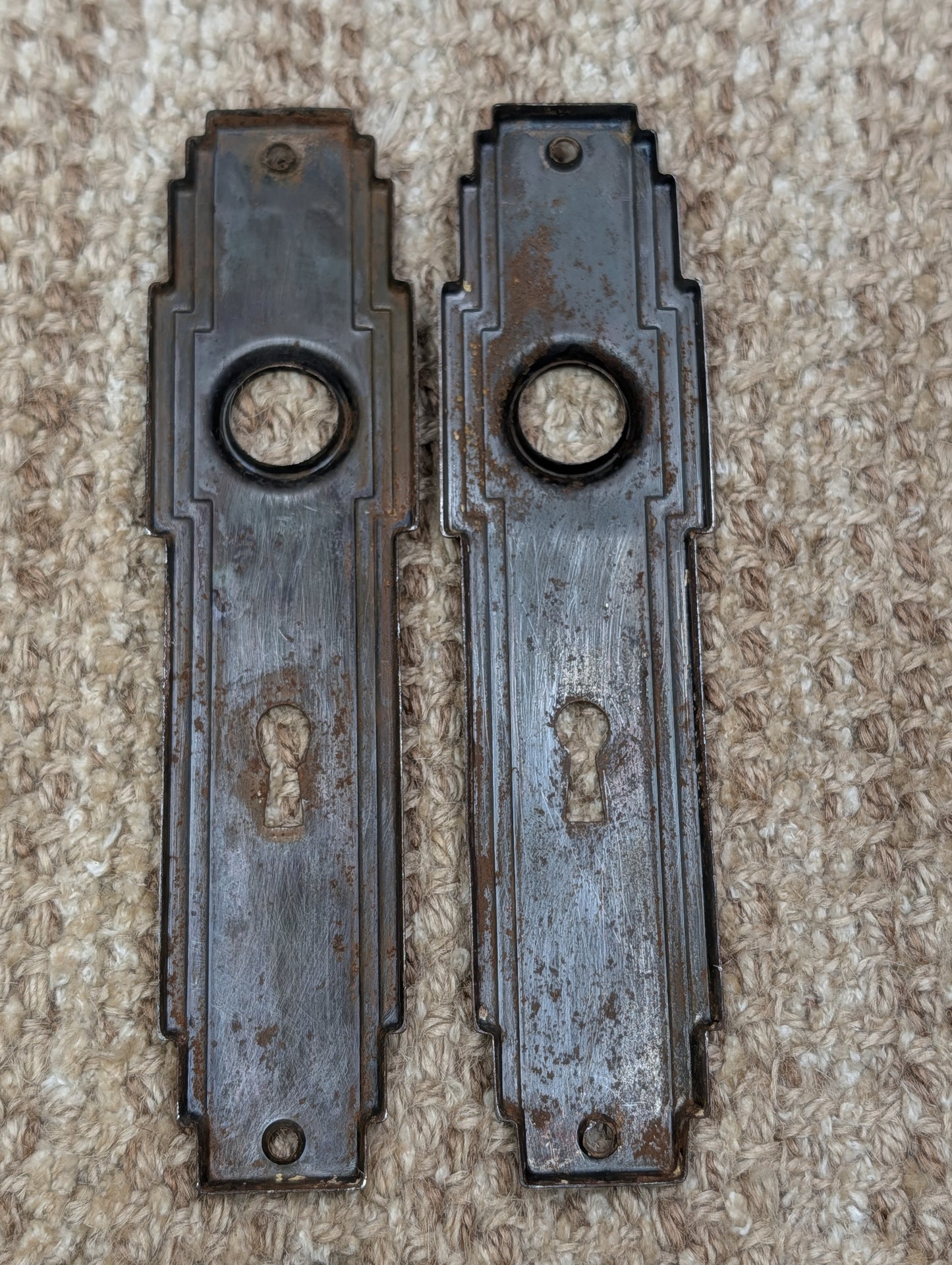Pair 1 3/4" x 7" Antique Art Deco Stamped Steel Door Knob Plates Circa 1930