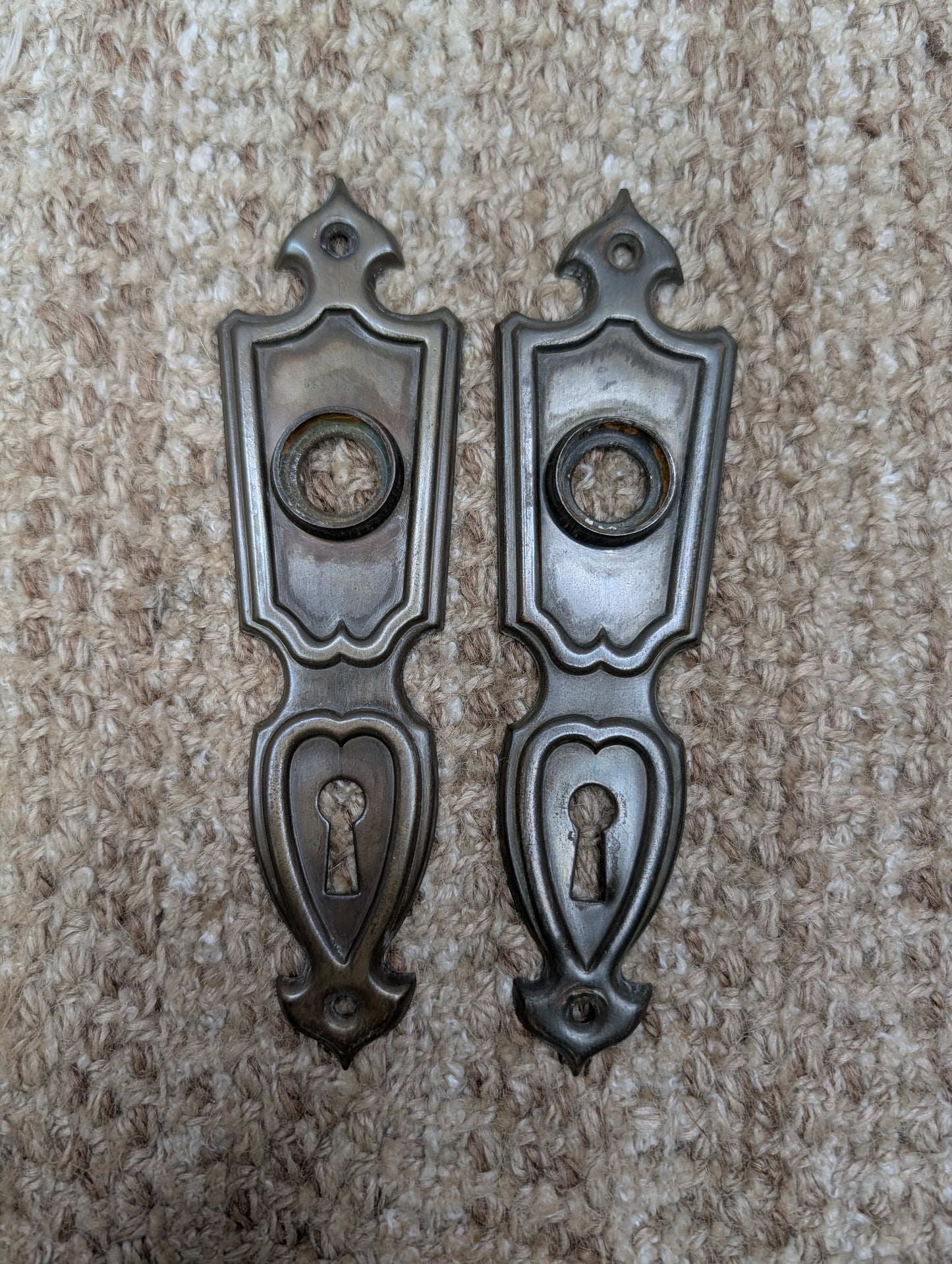 Pair 1 11/16" x 6 1/8" Antique Art Deco Stamped Steel Door Knob Plates Circa 1937