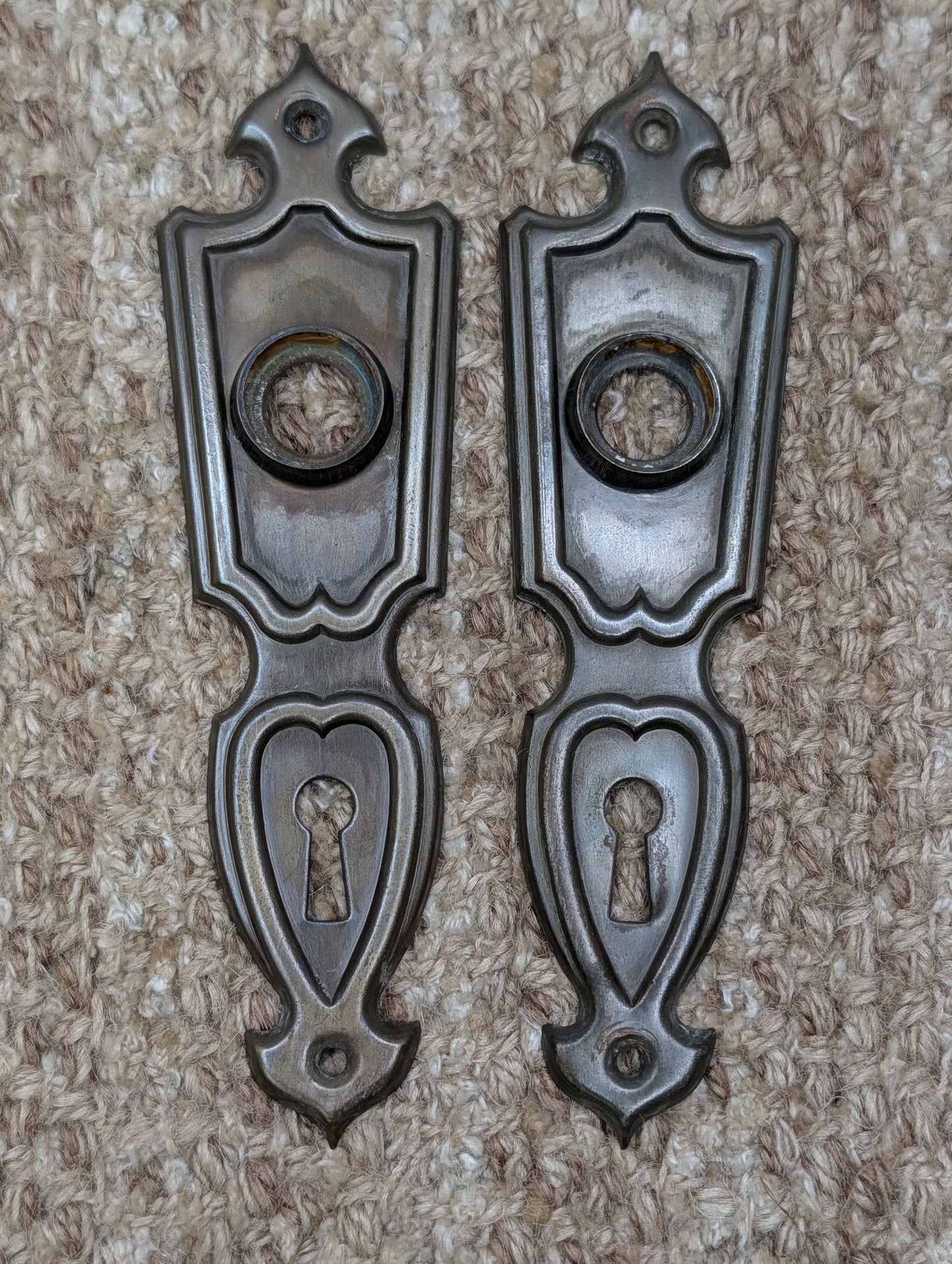 Pair 1 11/16" x 6 1/8" Antique Art Deco Stamped Steel Door Knob Plates Circa 1937