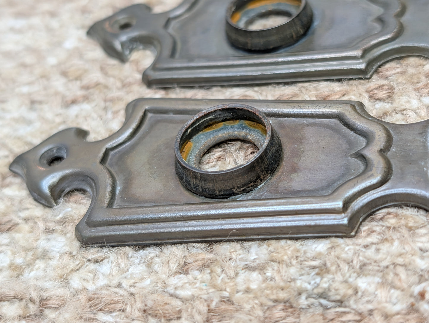 Pair 1 11/16" x 6 1/8" Antique Art Deco Stamped Steel Door Knob Plates Circa 1937