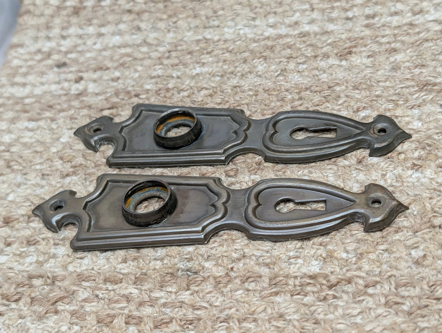 Pair 1 11/16" x 6 1/8" Antique Art Deco Stamped Steel Door Knob Plates Circa 1937
