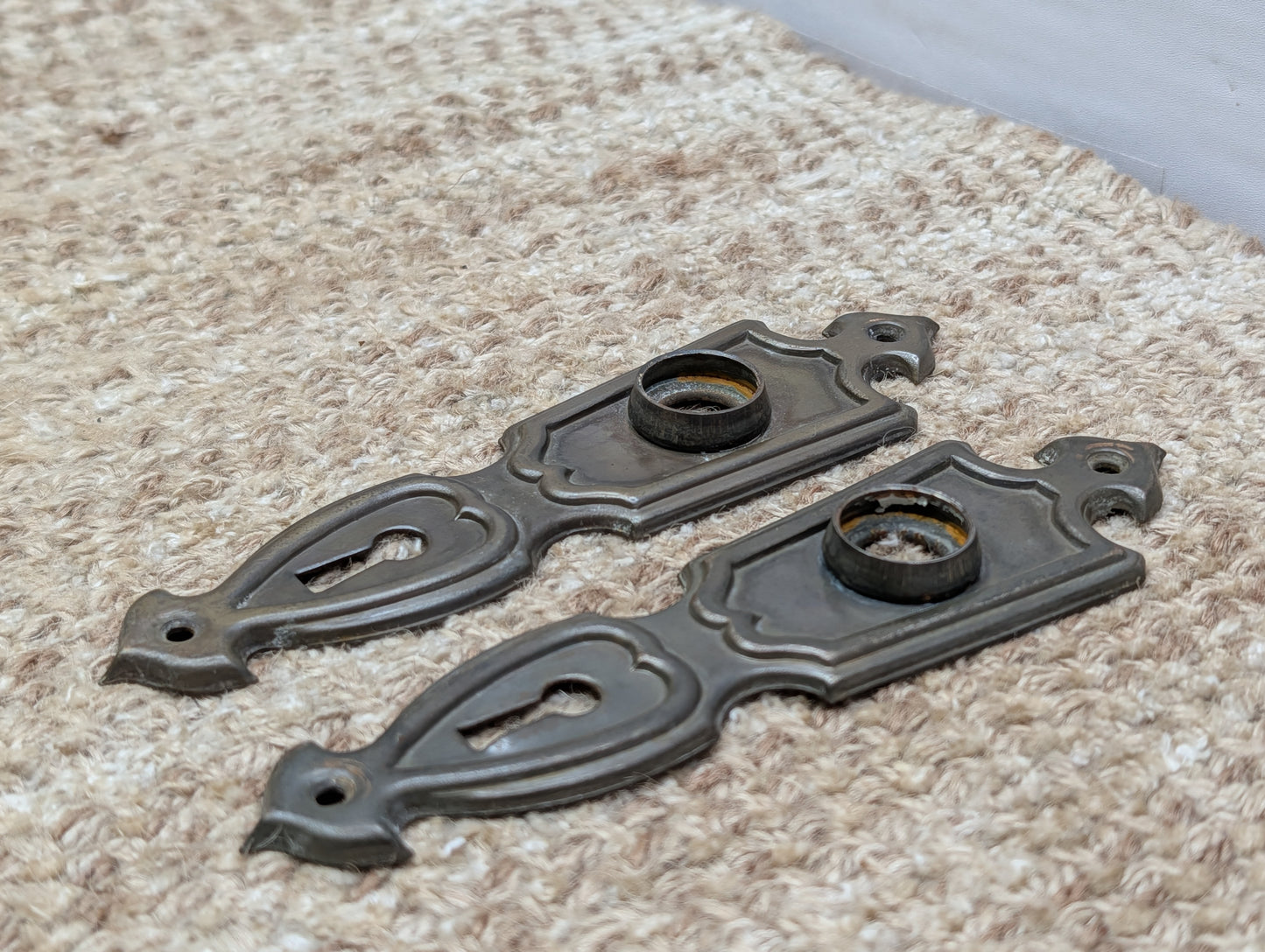 Pair 1 11/16" x 6 1/8" Antique Art Deco Stamped Steel Door Knob Plates Circa 1937