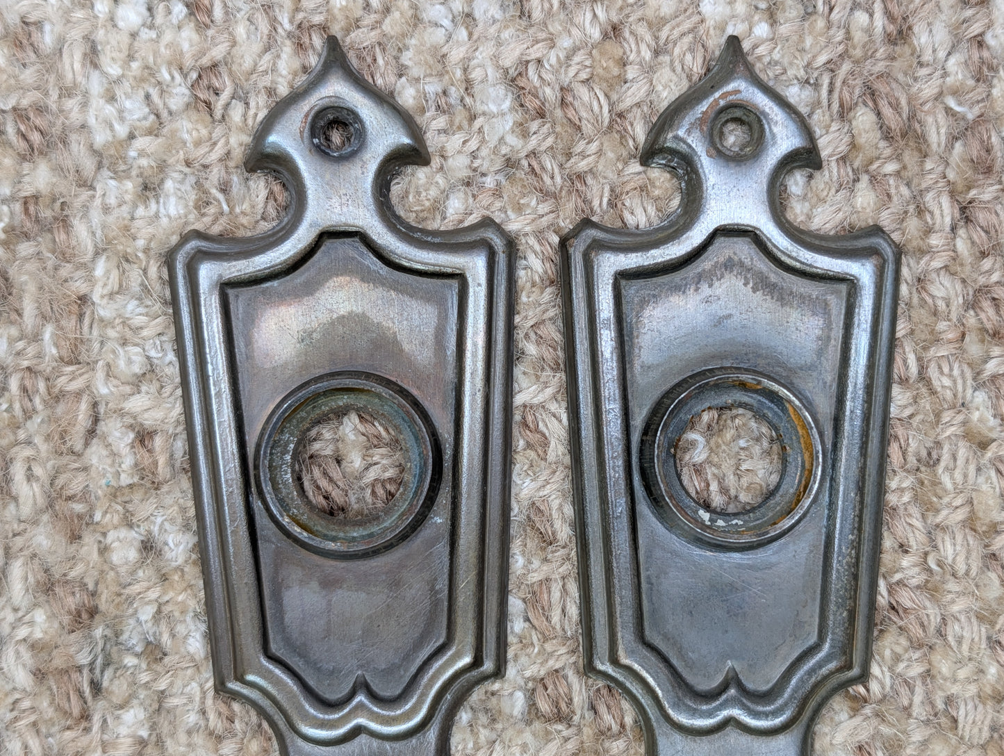 Pair 1 11/16" x 6 1/8" Antique Art Deco Stamped Steel Door Knob Plates Circa 1937
