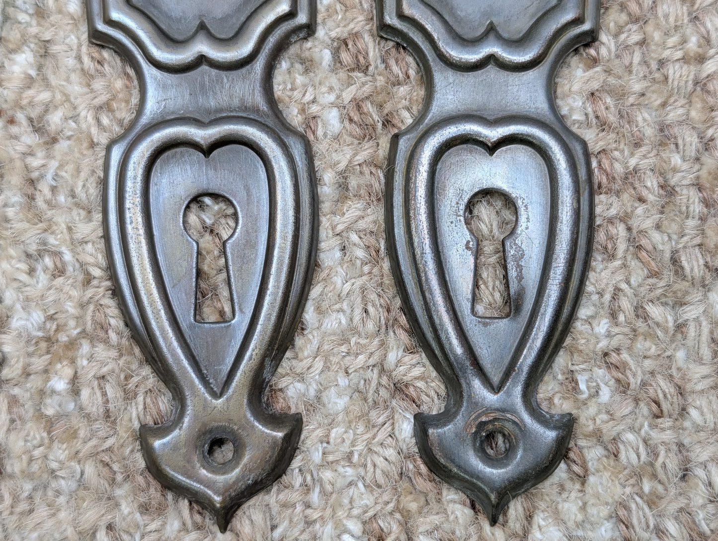 Pair 1 11/16" x 6 1/8" Antique Art Deco Stamped Steel Door Knob Plates Circa 1937