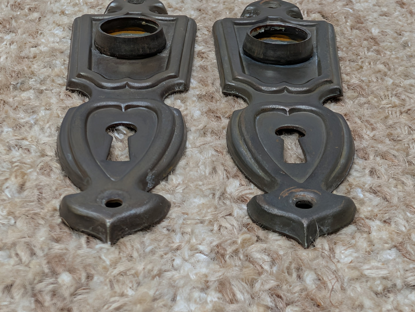 Pair 1 11/16" x 6 1/8" Antique Art Deco Stamped Steel Door Knob Plates Circa 1937