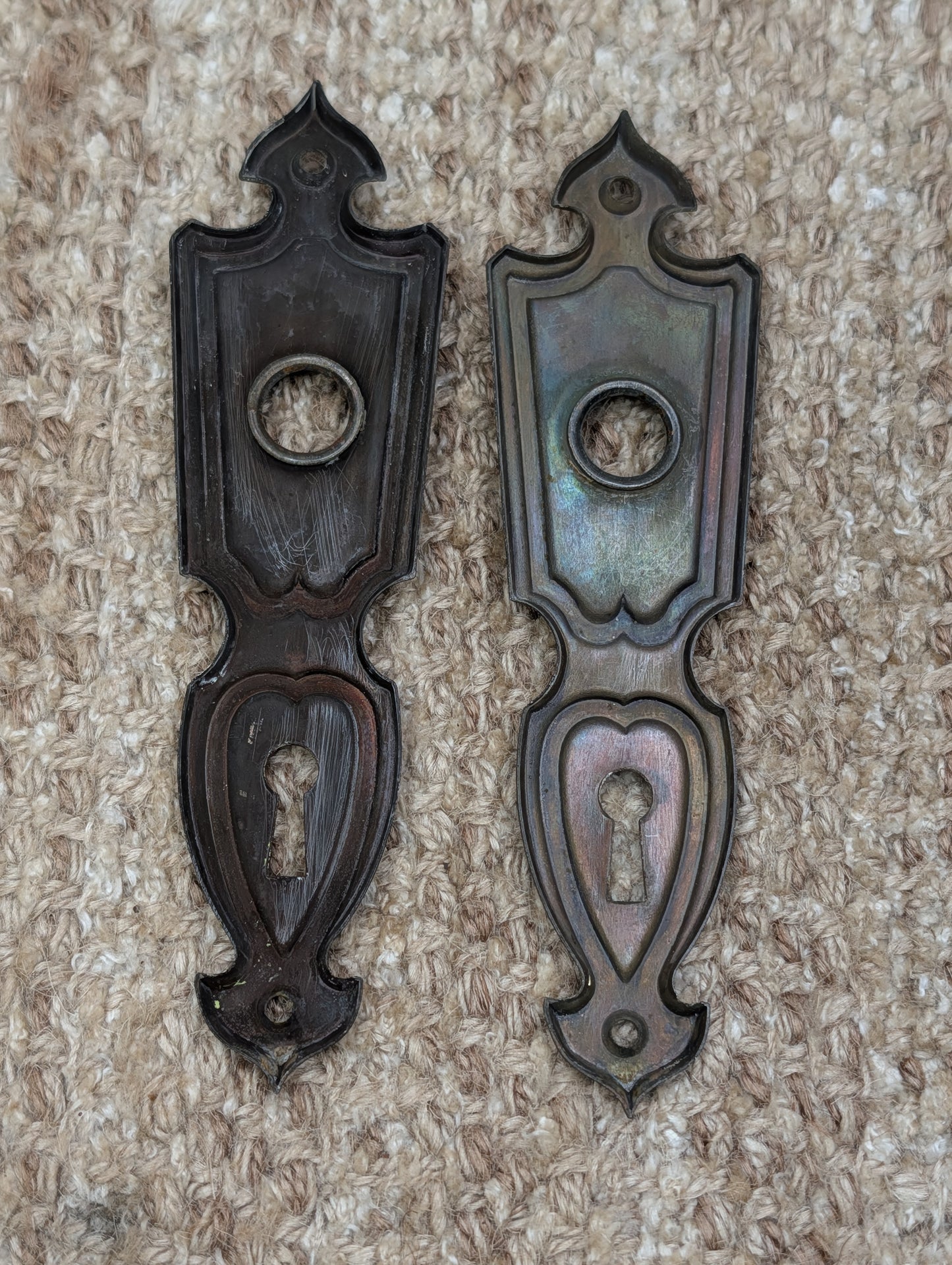Pair 1 11/16" x 6 1/8" Antique Art Deco Stamped Steel Door Knob Plates Circa 1937