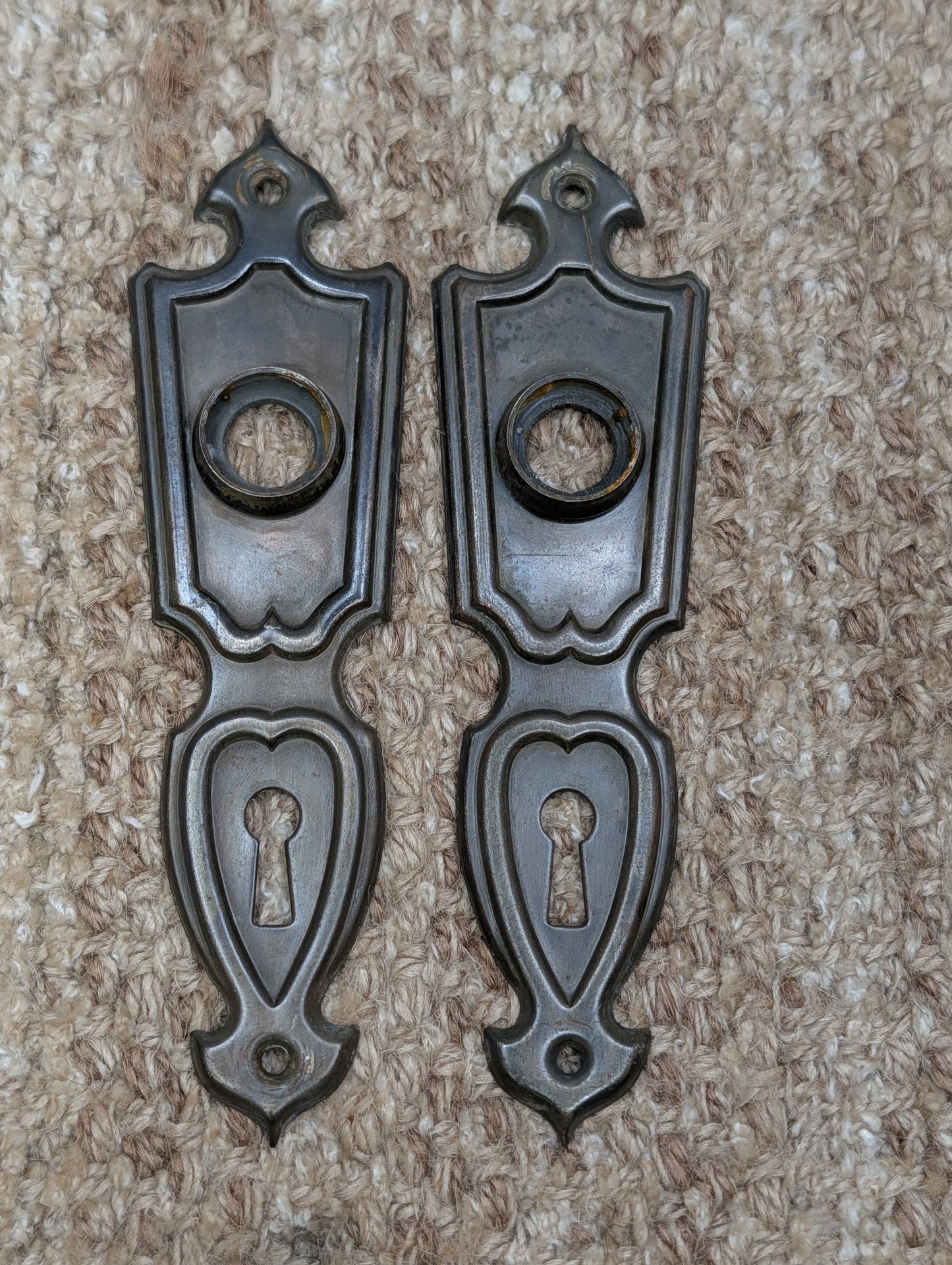 Pair 1 11/16" x 6 1/8" Antique Art Deco Stamped Steel Door Knob Plates Circa 1937
