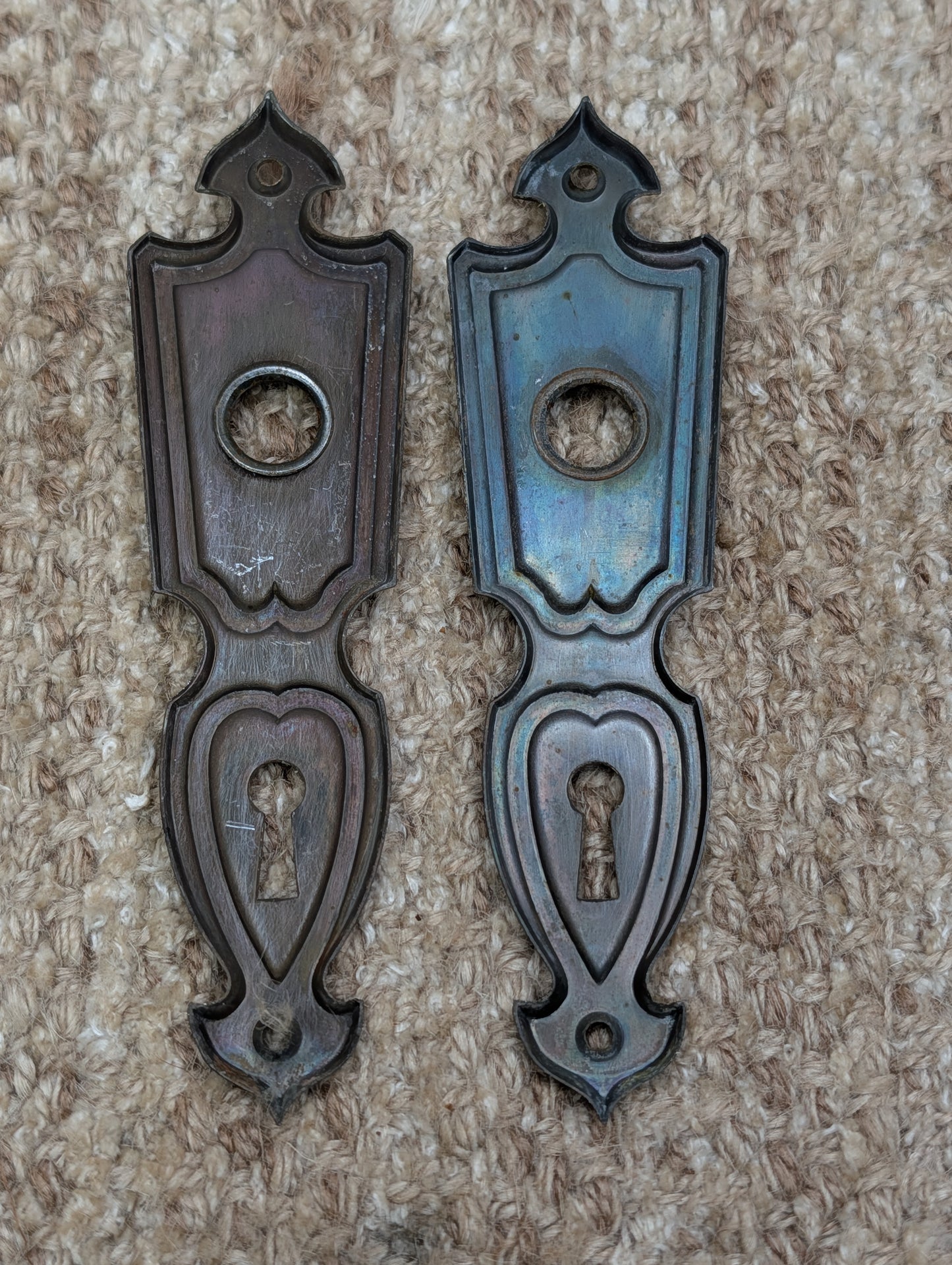 Pair 1 11/16" x 6 1/8" Antique Art Deco Stamped Steel Door Knob Plates Circa 1937