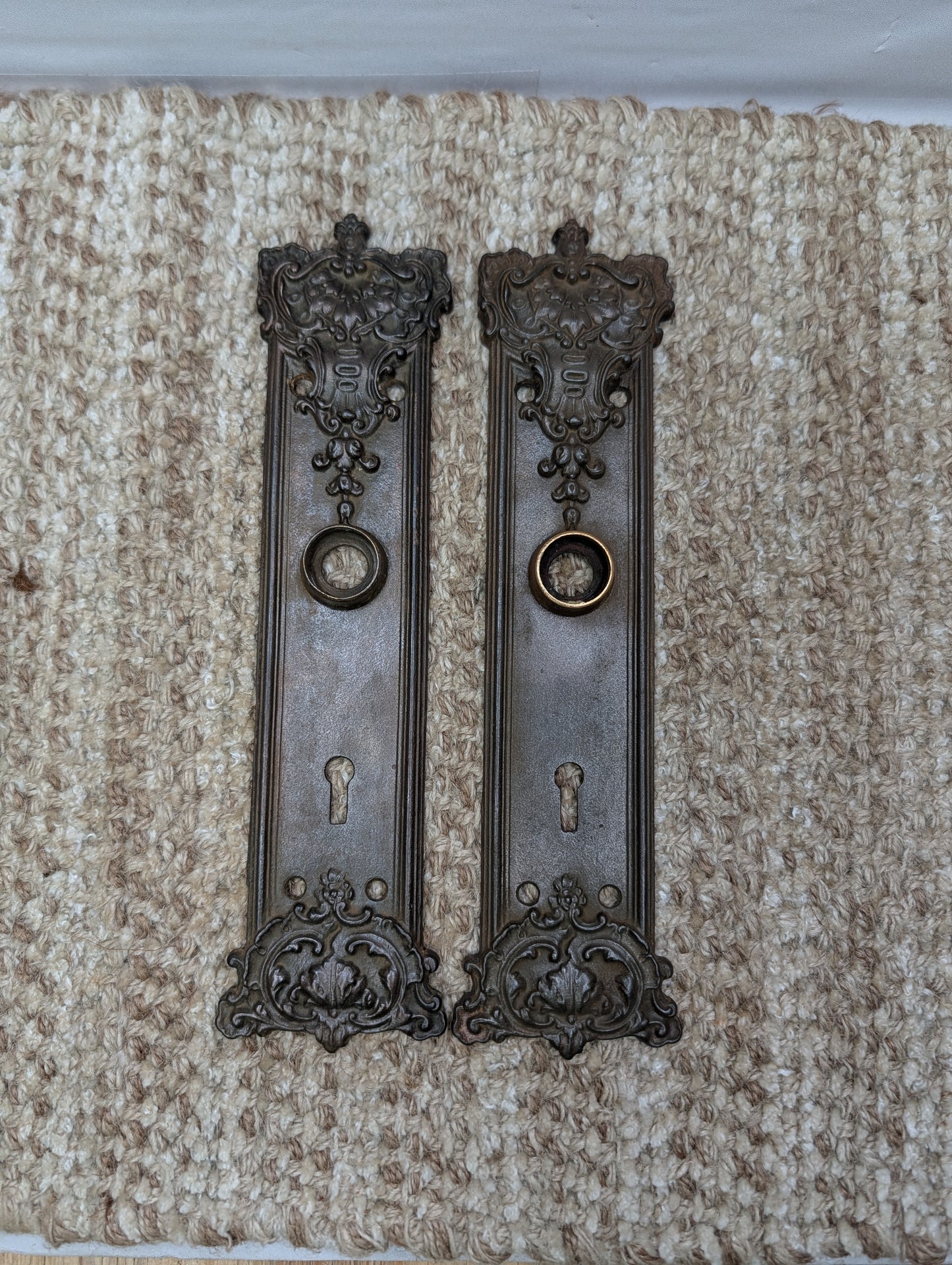 Pair 2 3/16" x 9 1/16" Antique Ornate Victorian Iron Door Knob Plates #7888 1/2