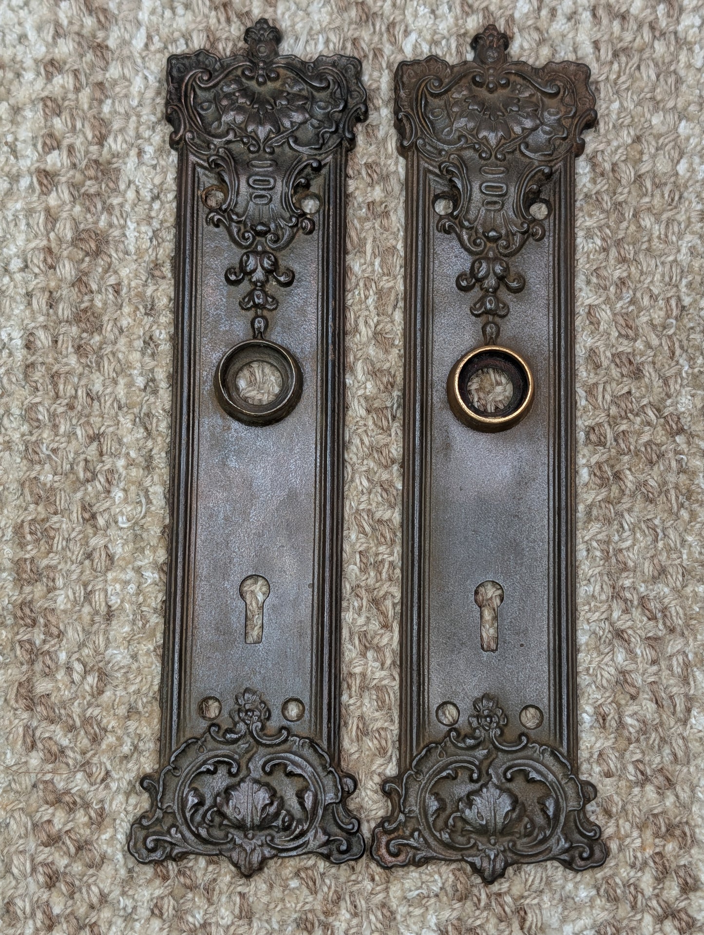 Pair 2 3/16" x 9 1/16" Antique Ornate Victorian Iron Door Knob Plates #7888 1/2