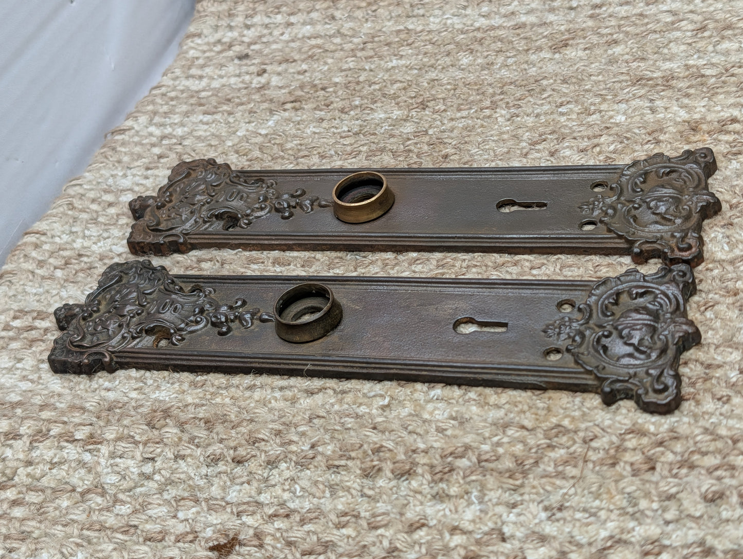 Pair 2 3/16" x 9 1/16" Antique Ornate Victorian Iron Door Knob Plates #7888 1/2
