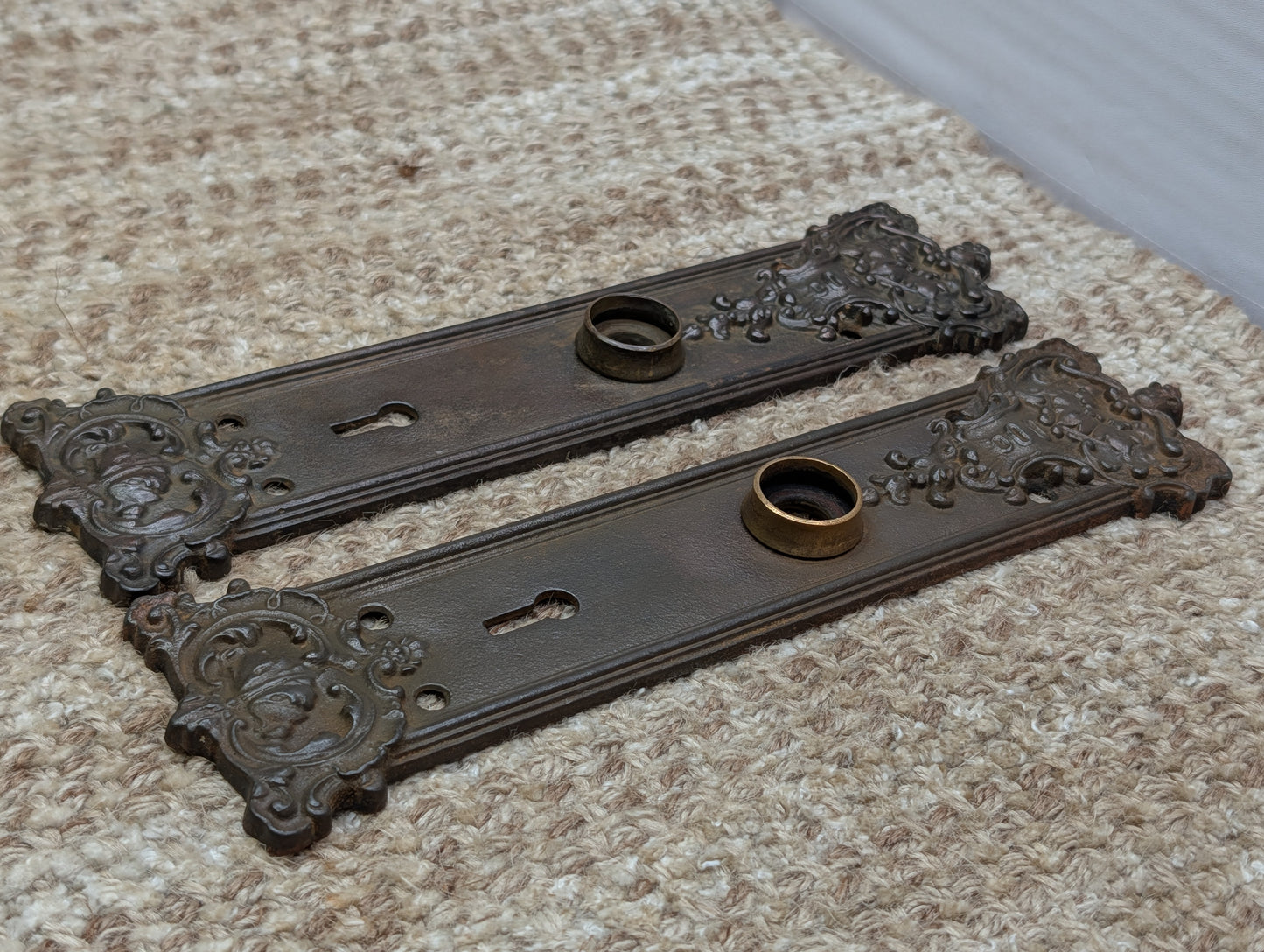 Pair 2 3/16" x 9 1/16" Antique Ornate Victorian Iron Door Knob Plates #7888 1/2