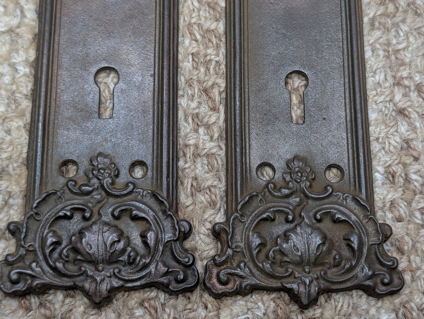Pair 2 3/16" x 9 1/16" Antique Ornate Victorian Iron Door Knob Plates #7888 1/2