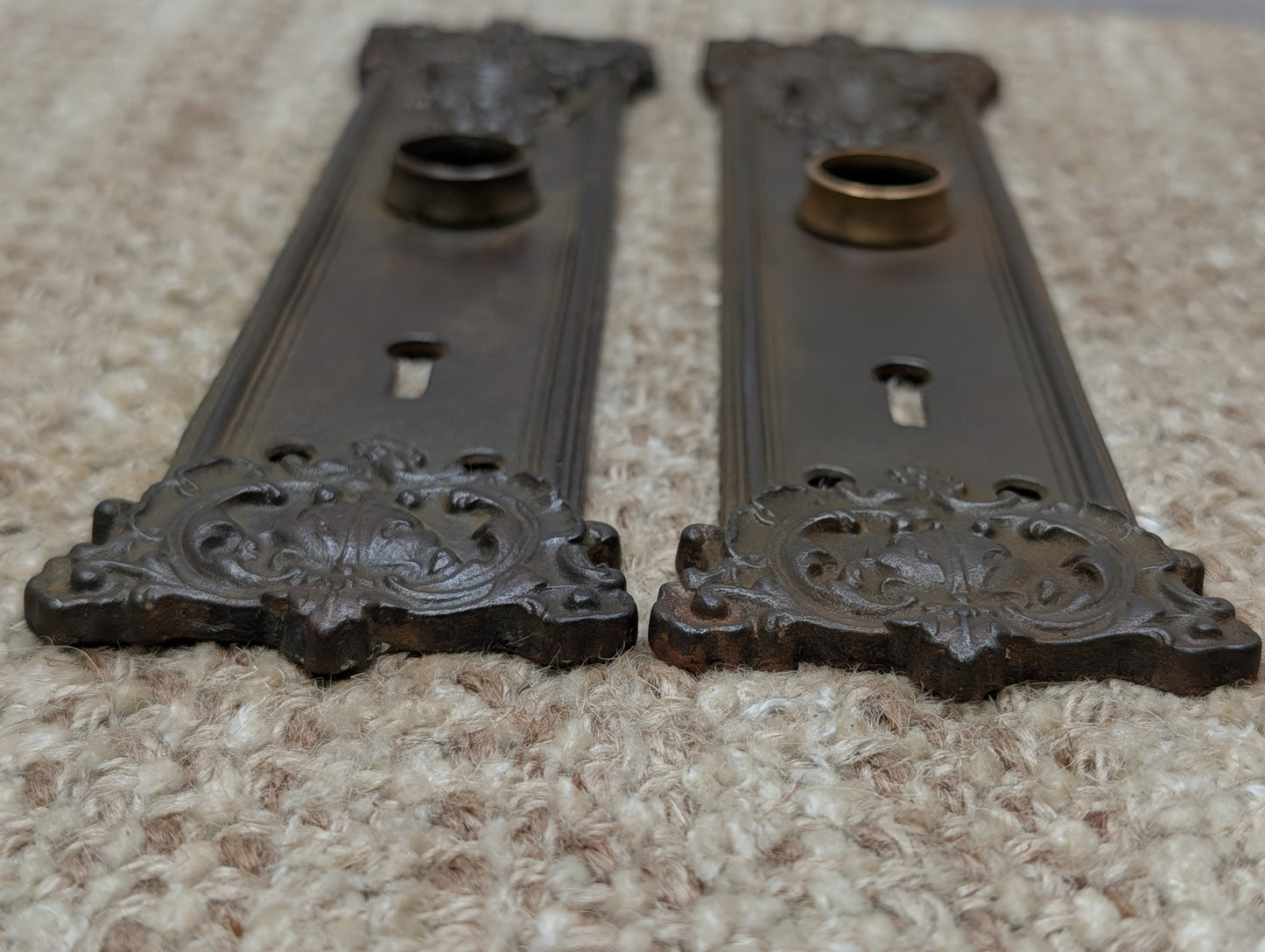 Pair 2 3/16" x 9 1/16" Antique Ornate Victorian Iron Door Knob Plates #7888 1/2