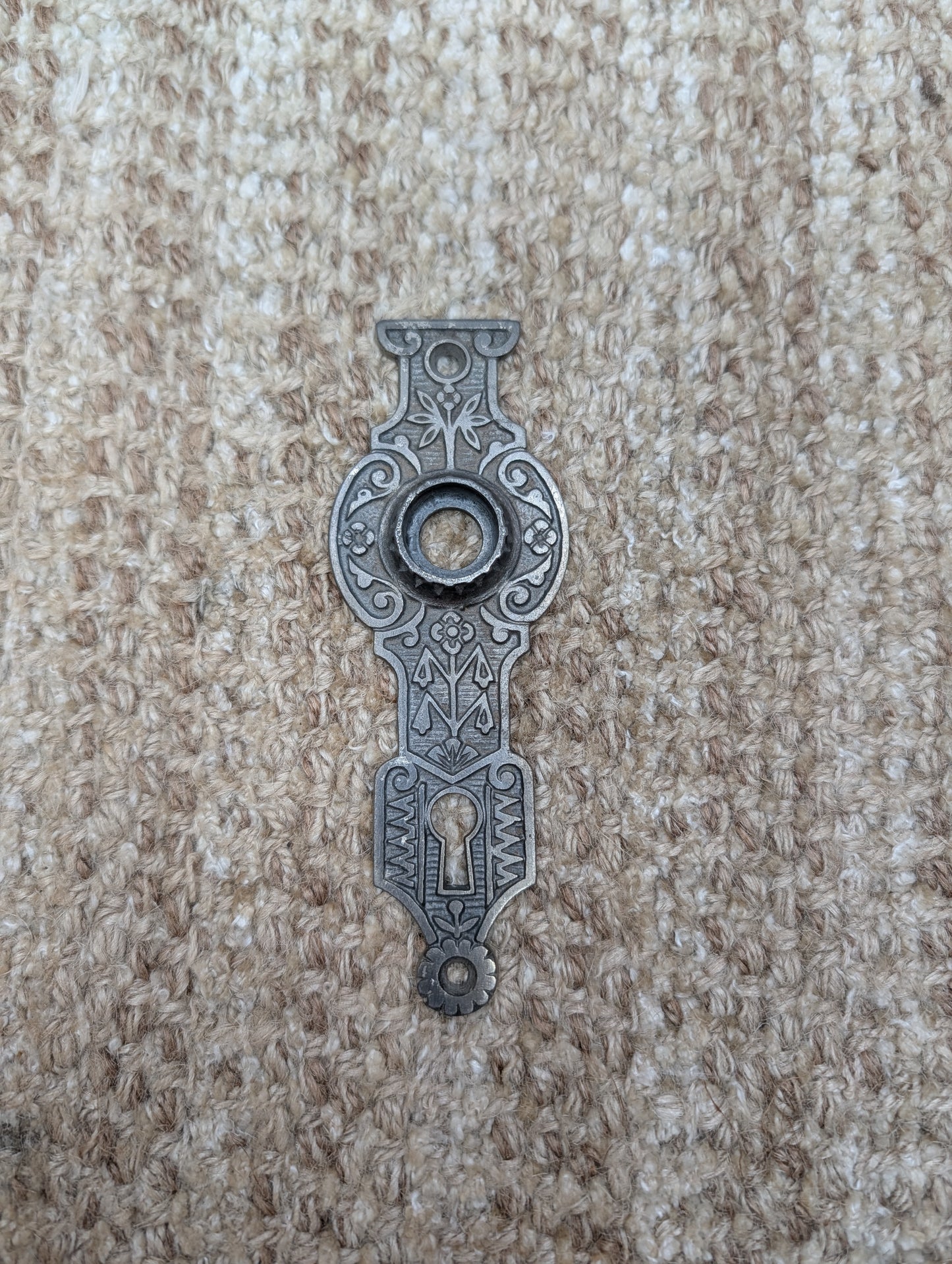1 11/16" x 4 15/16" Antique Ornate Victorian Cast Iron Door Knob Plate