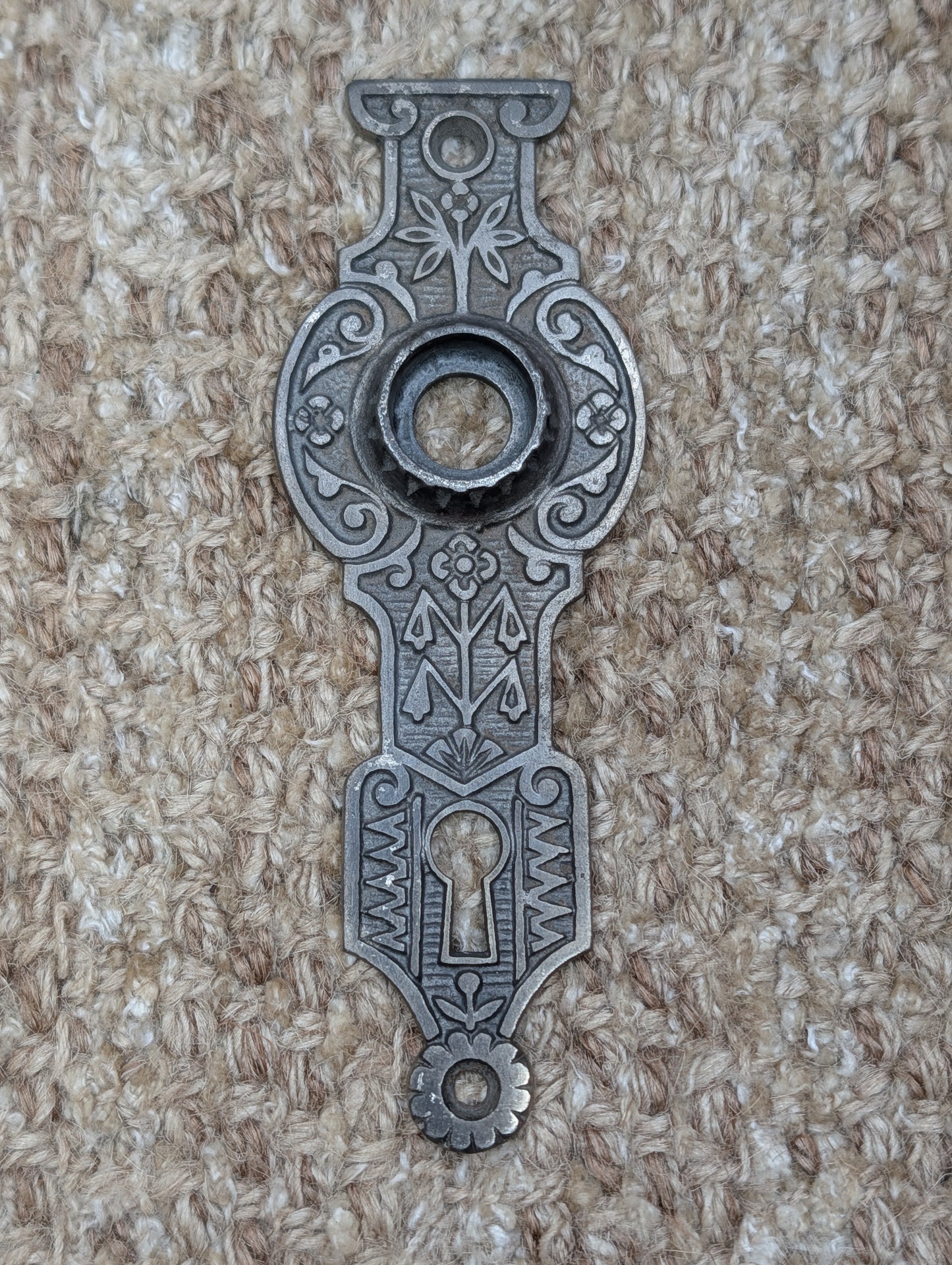 1 11/16" x 4 15/16" Antique Ornate Victorian Cast Iron Door Knob Plate