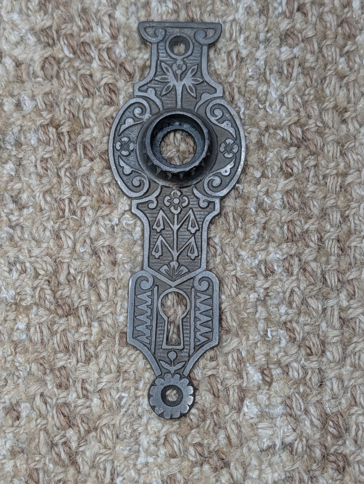 1 11/16" x 4 15/16" Antique Ornate Victorian Cast Iron Door Knob Plate