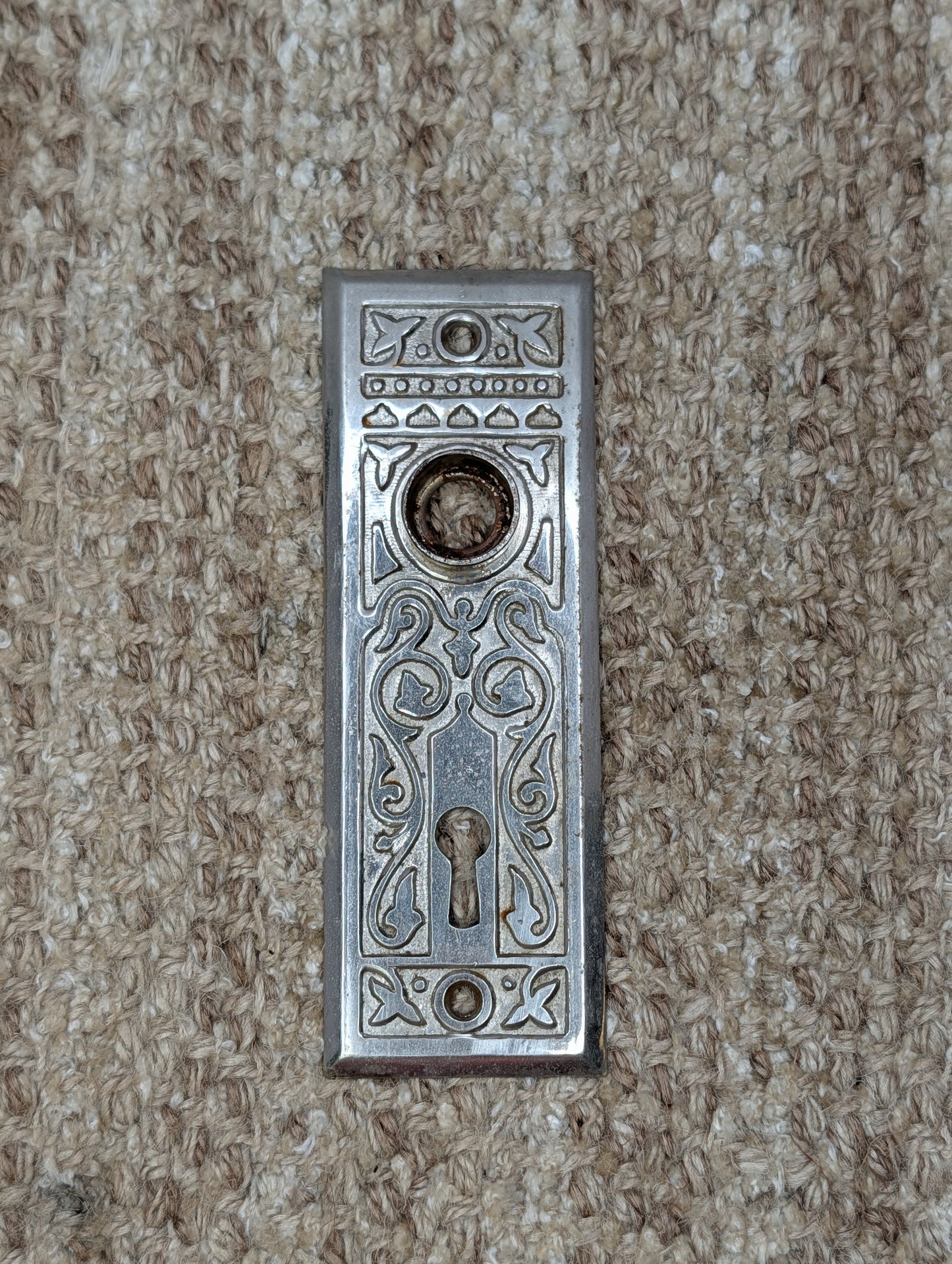 1 13/16" x 5 7/16" Antique Ornate Steel Door Knob Plate