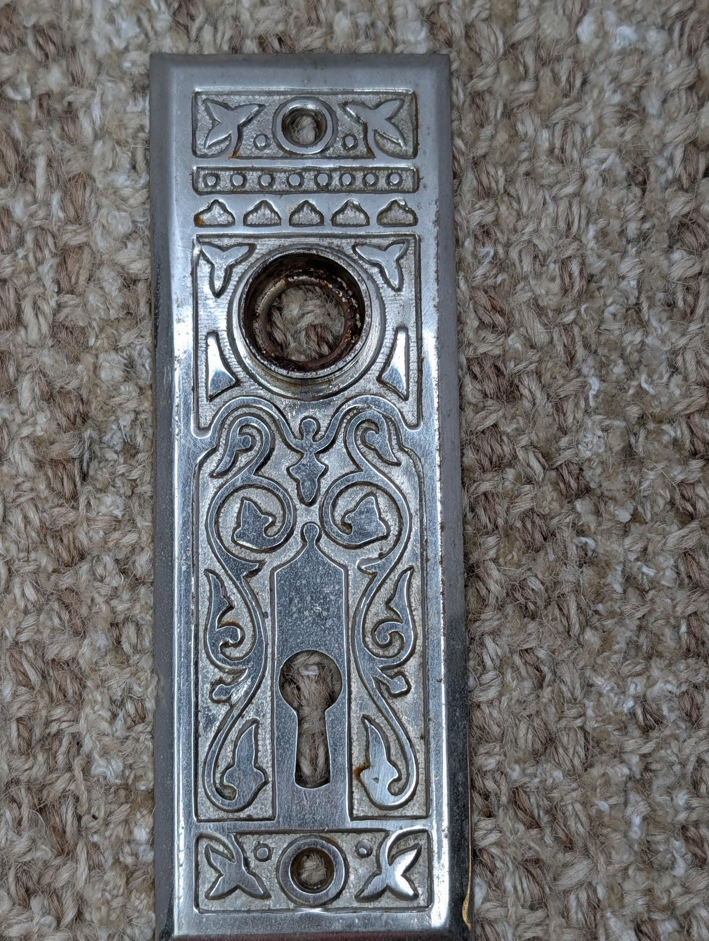 1 13/16" x 5 7/16" Antique Ornate Steel Door Knob Plate