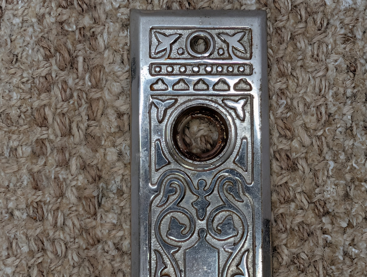 1 13/16" x 5 7/16" Antique Ornate Steel Door Knob Plate