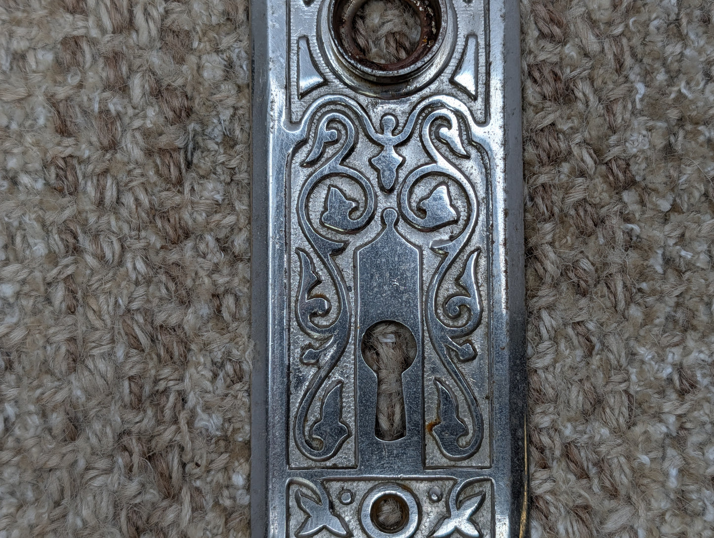 1 13/16" x 5 7/16" Antique Ornate Steel Door Knob Plate