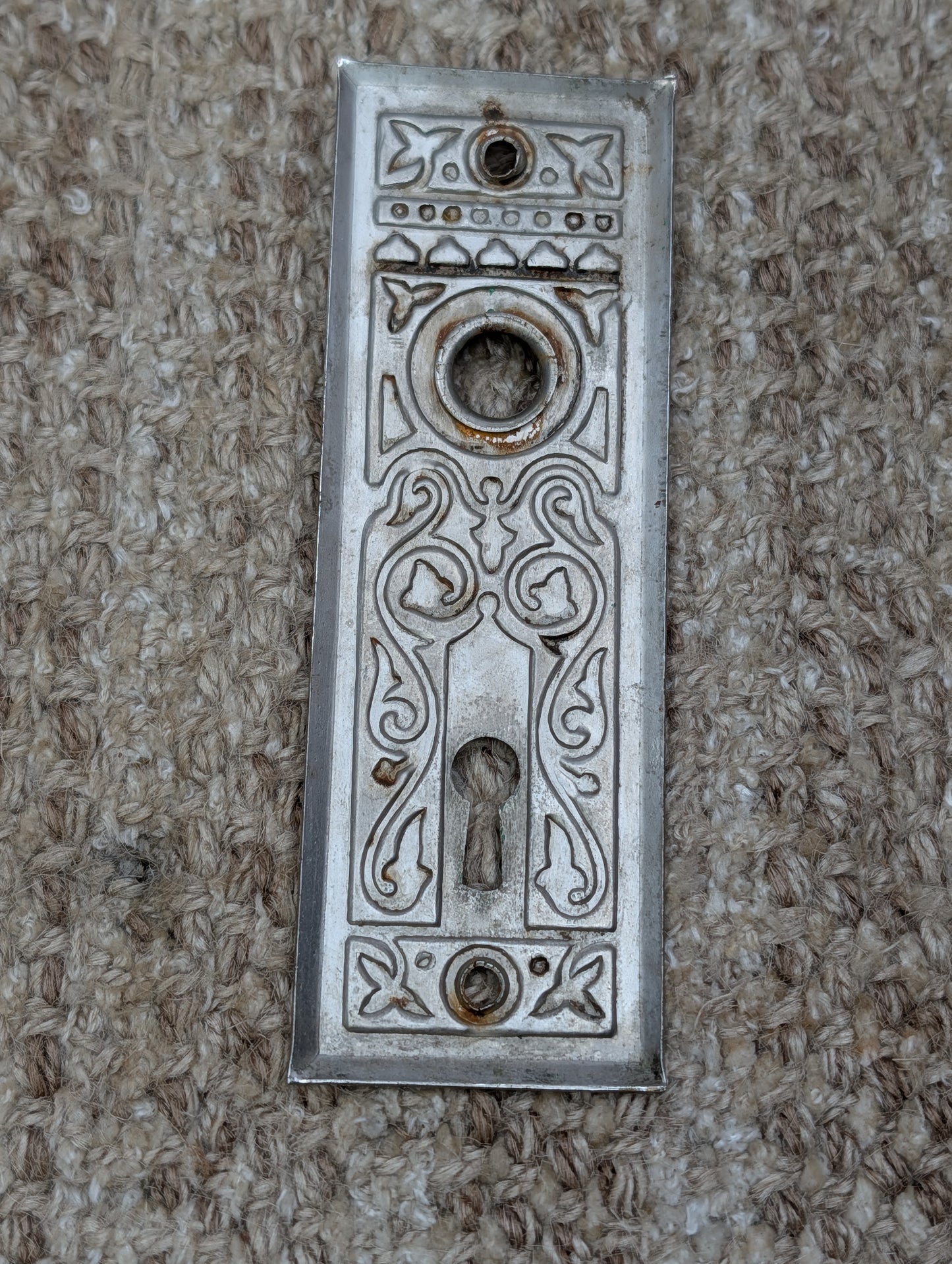 1 13/16" x 5 7/16" Antique Ornate Steel Door Knob Plate