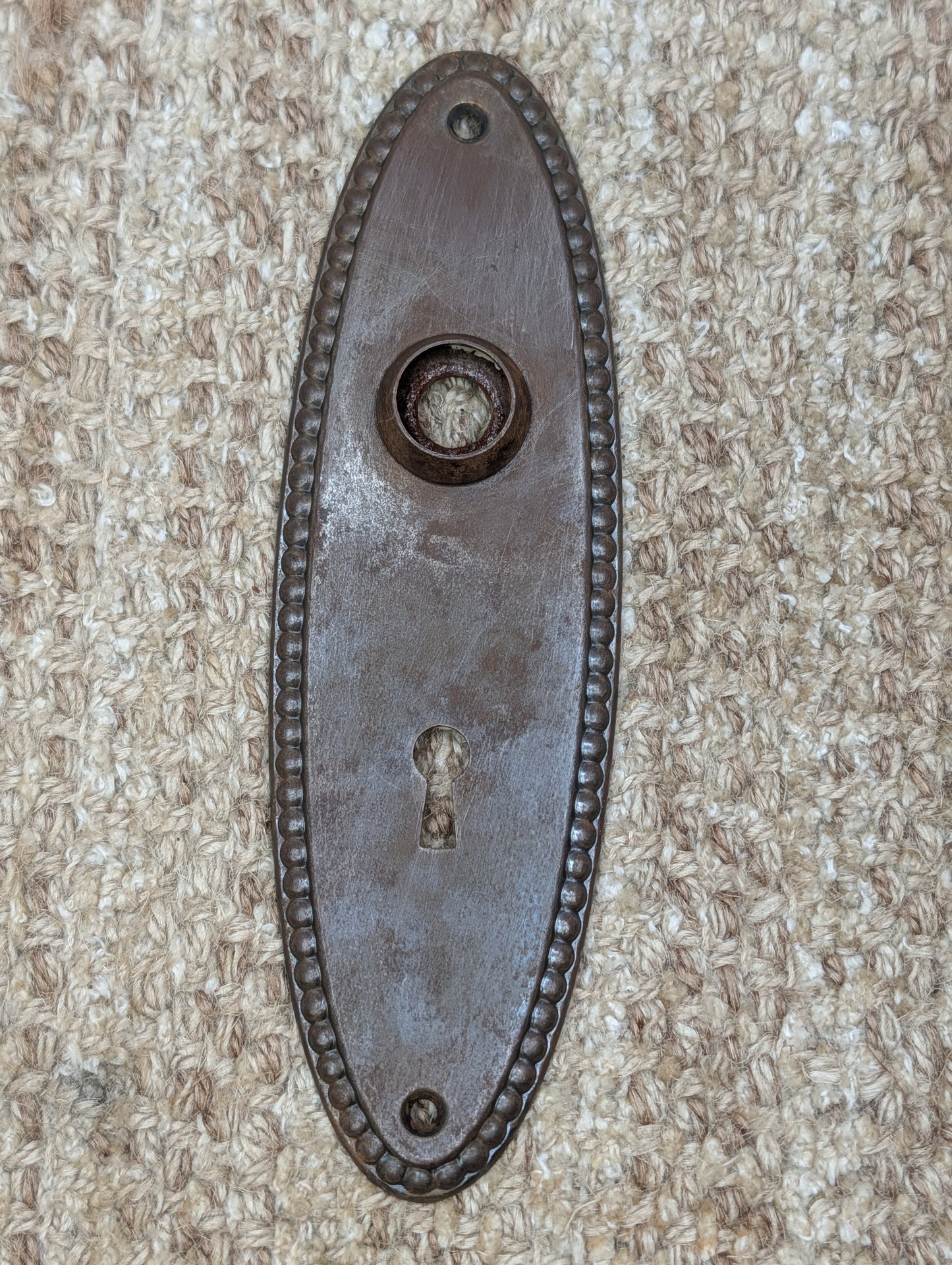 2 1/4" x 7 3/8" Antique Oval Beaded Steel Door Knob Plate