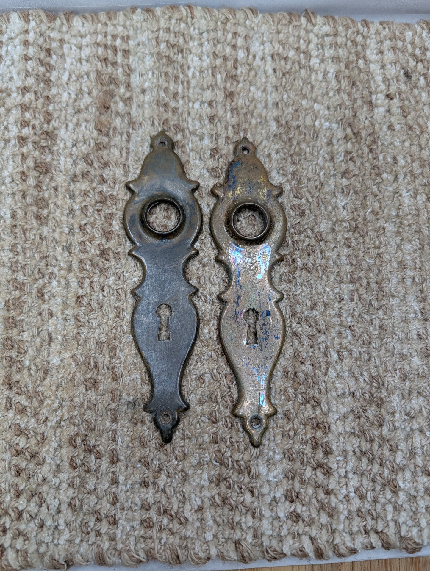 Pair 1 3/4" x 7" Antique Stamped Brass Door Knob Plates