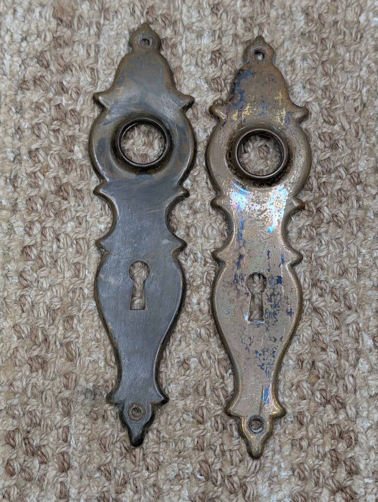 Pair 1 3/4" x 7" Antique Stamped Brass Door Knob Plates