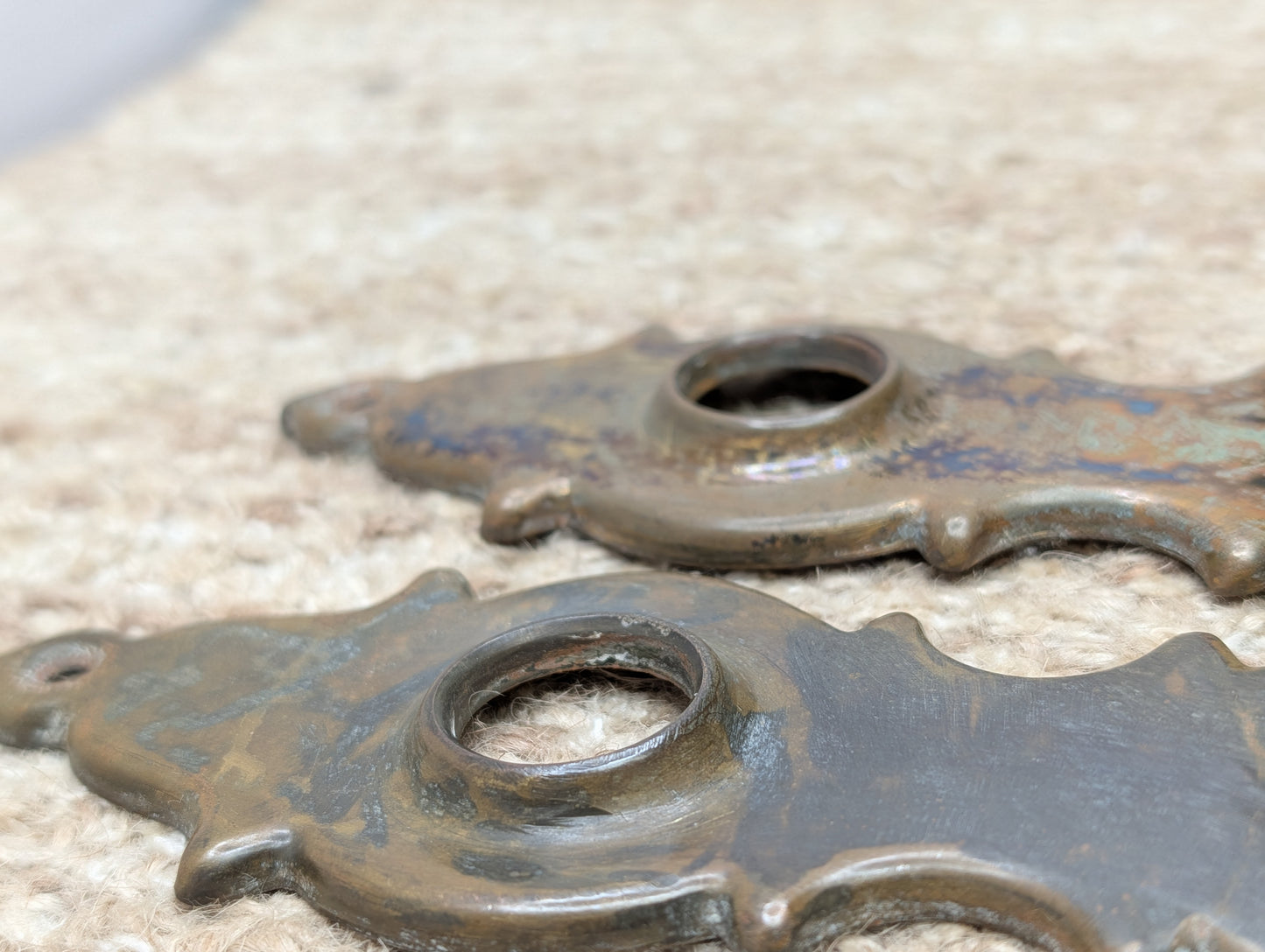 Pair 1 3/4" x 7" Antique Stamped Brass Door Knob Plates