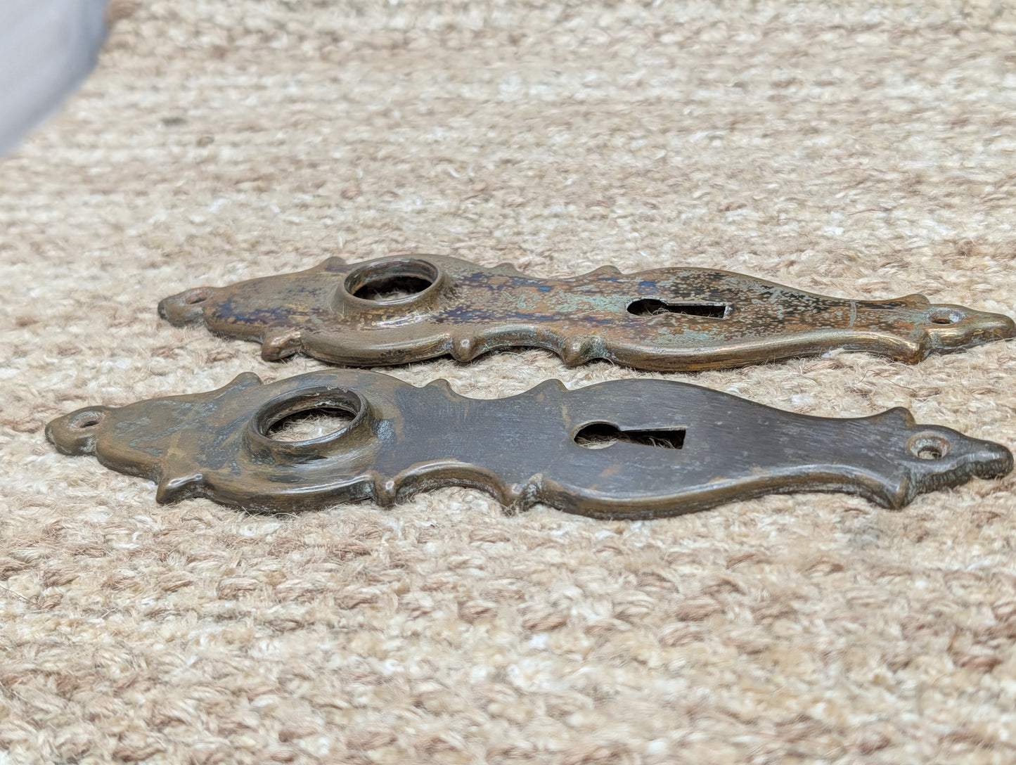 Pair 1 3/4" x 7" Antique Stamped Brass Door Knob Plates