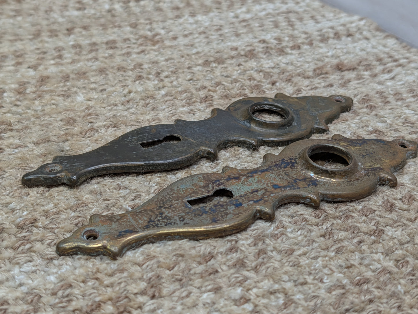 Pair 1 3/4" x 7" Antique Stamped Brass Door Knob Plates