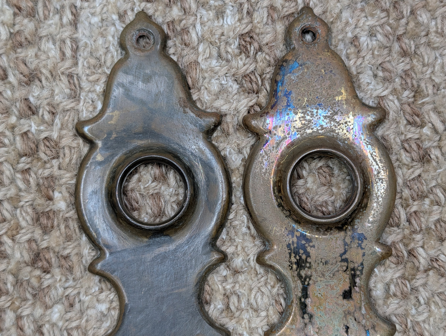 Pair 1 3/4" x 7" Antique Stamped Brass Door Knob Plates