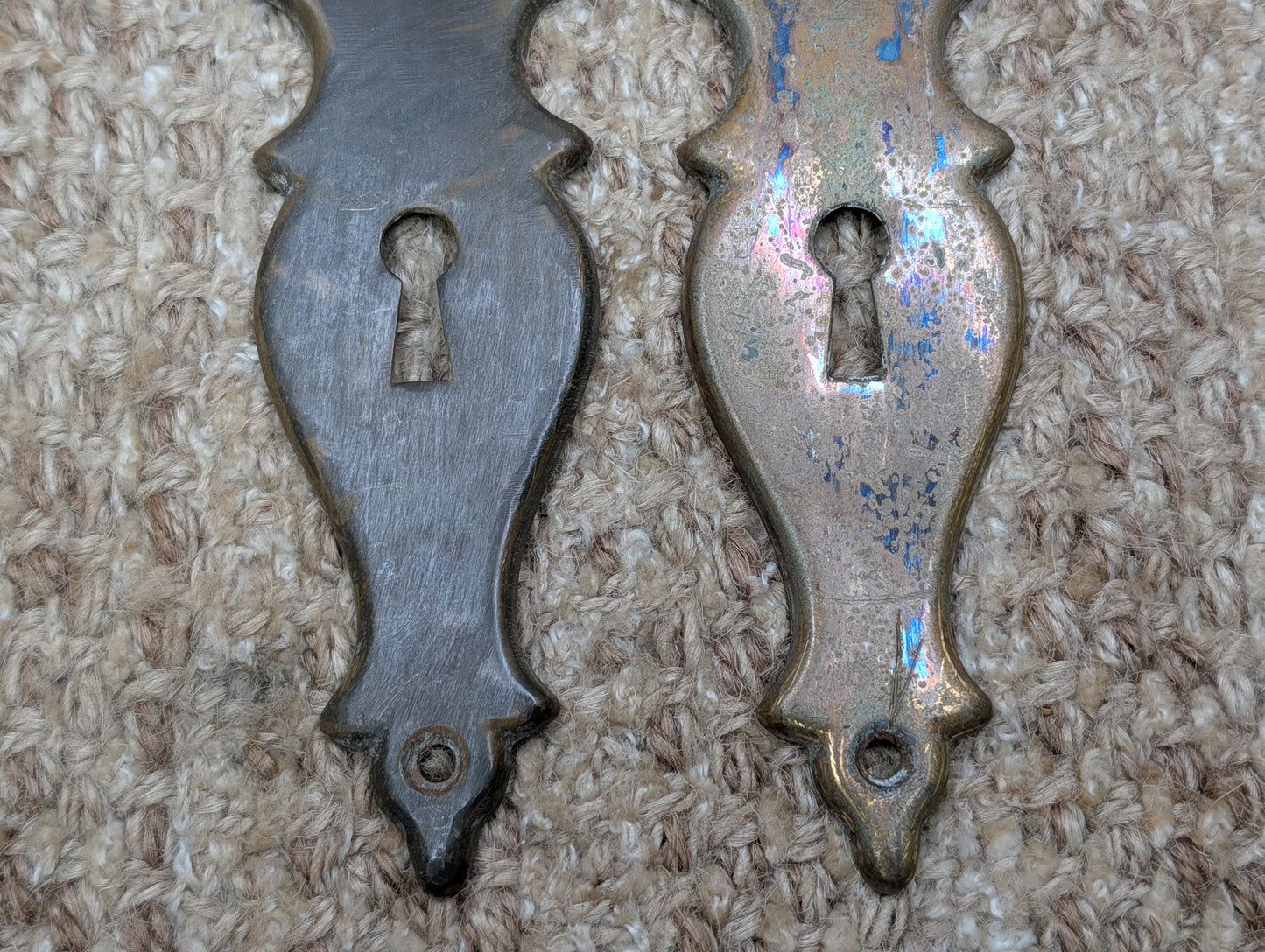 Pair 1 3/4" x 7" Antique Stamped Brass Door Knob Plates