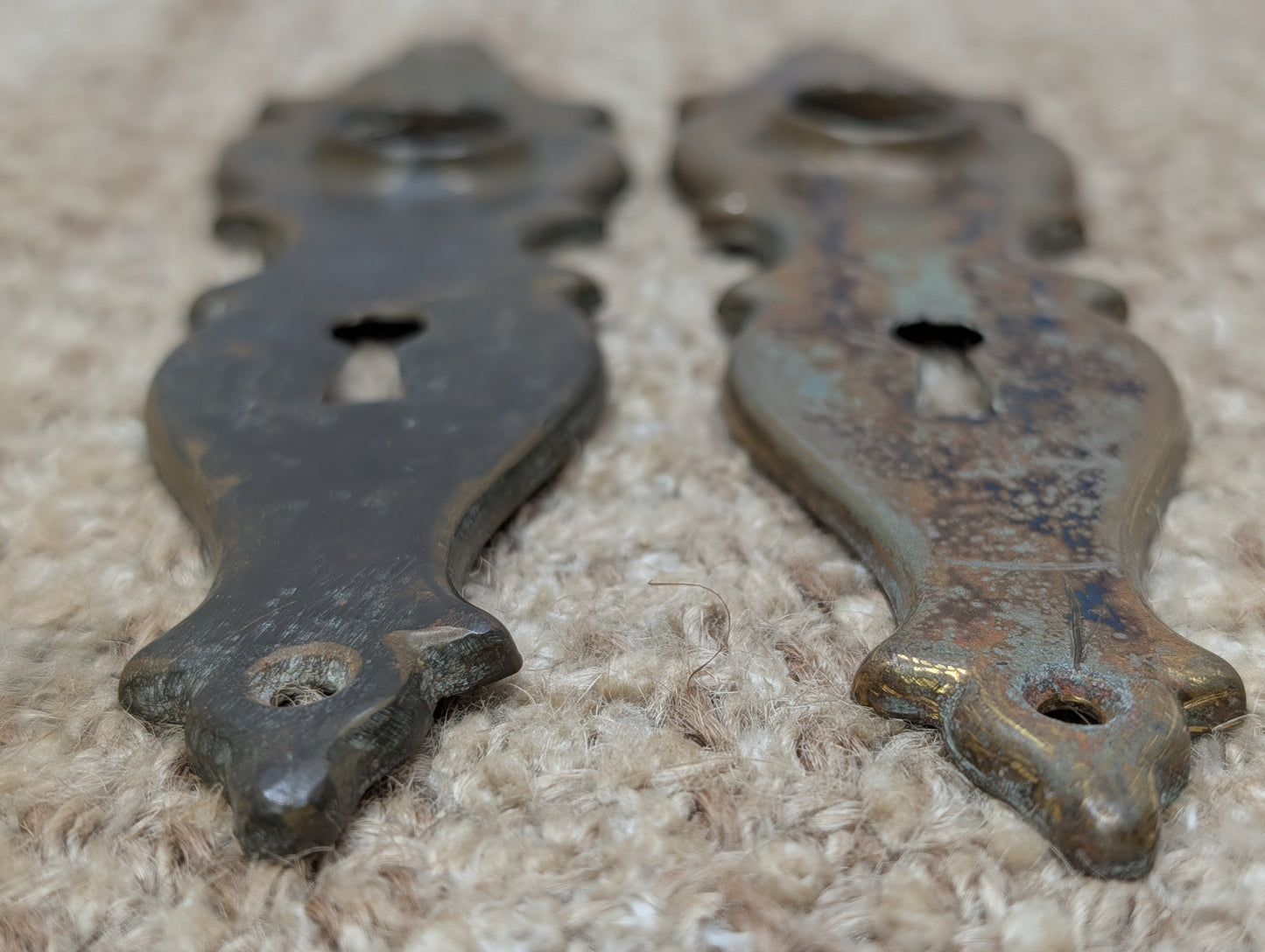 Pair 1 3/4" x 7" Antique Stamped Brass Door Knob Plates