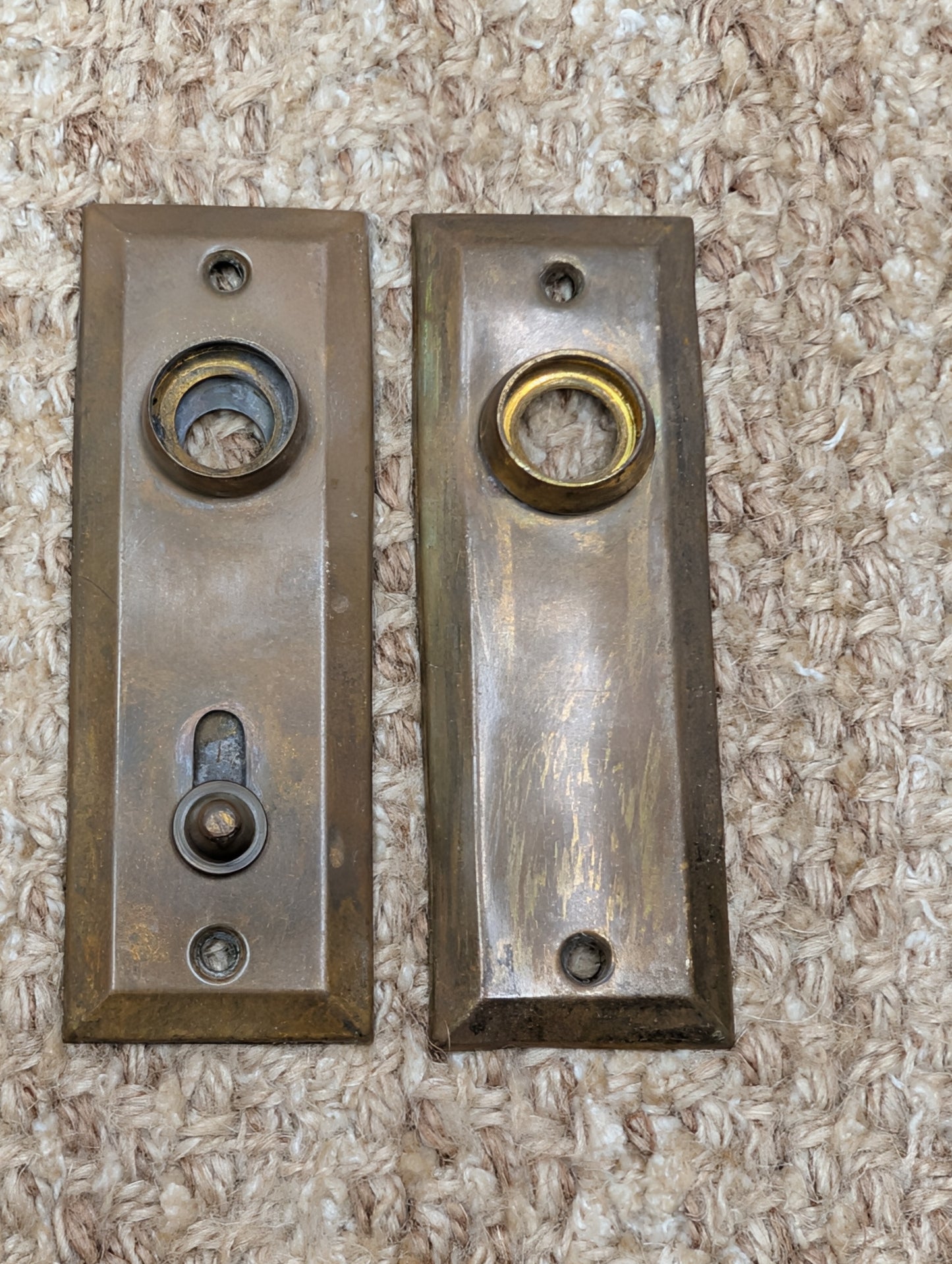 Pair 1 3/8" x 4" Antique Slide Lock Brass Door Knob Plates